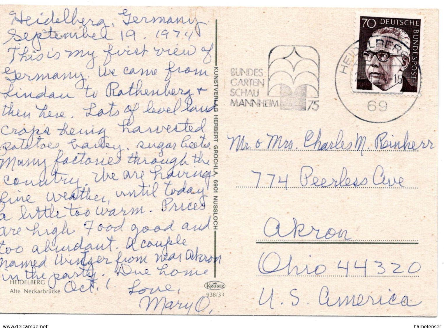 70753 - Bund - 1974 - 70Pfg Heinemann EF A AnsKte HEIDELBERG - ... -> Akron, OH (USA) - Storia Postale