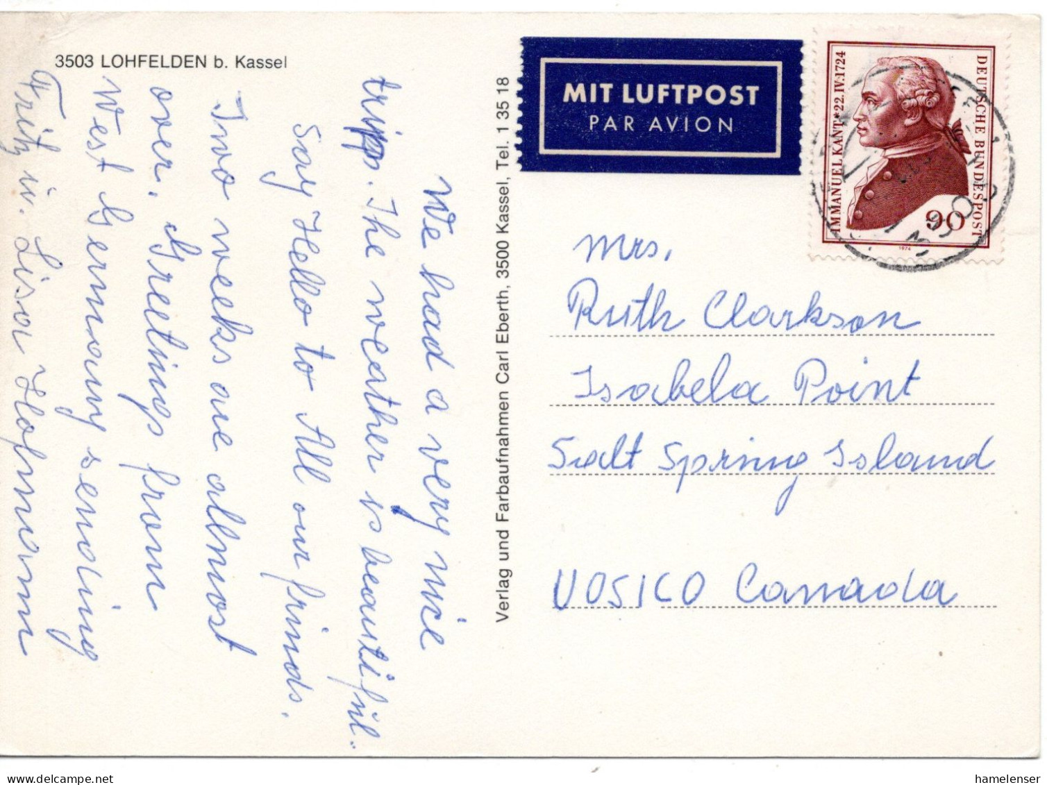 70754 - Bund - 1983 - 90Pfg Kant EF A LpAnsKte LOHFELDEN -> Saltspring Island, BC (Canada) - Lettres & Documents