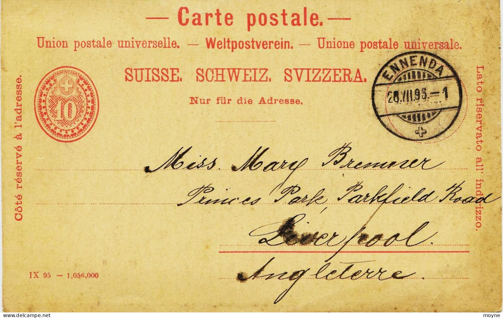 8705  - SUISSE -  PRECURSEUR - ENTIER POSTAL  VOYAGE EN  JUILLET 1895 -  D' ENNENDA - Ennenda