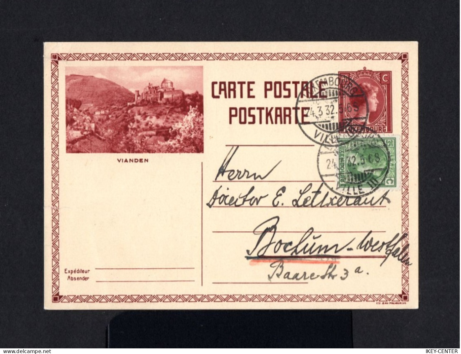 S3447-LUXEMBURG-OLD POSTCARD LUXEMBOURG To BOCHUM (germany).1932.WWII.Carte Postale LUXEMBOURG - 1926-39 Charlotte Di Profilo Destro