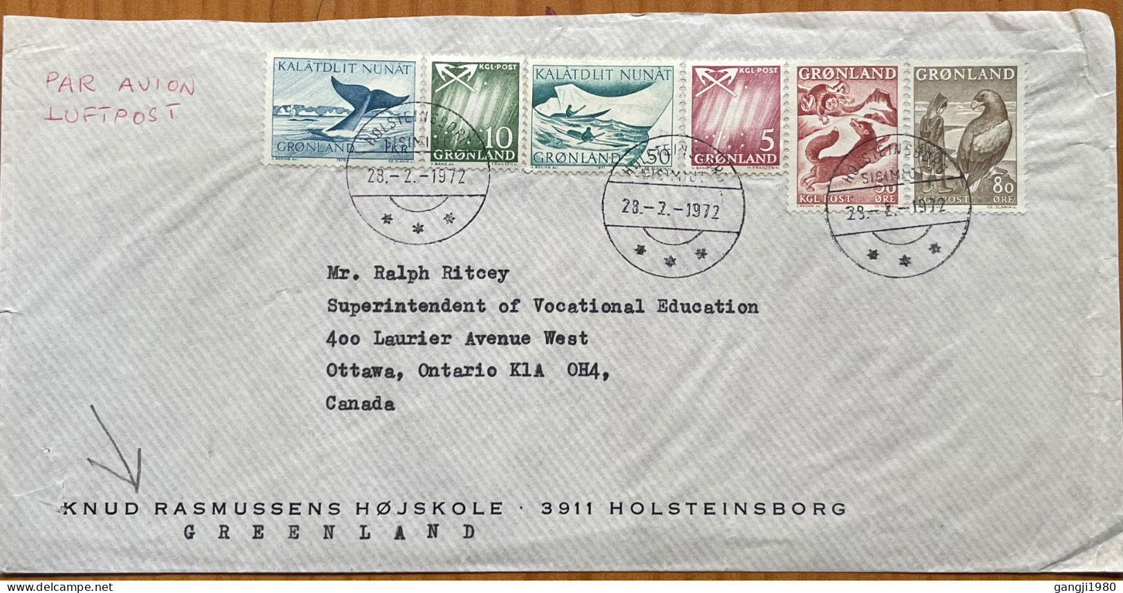 GREENLAND 1972, COVER USED TO CANADA, ADVERTISING, KNUD RASMUSSENS HOJSKOLE, BIRD, ANIMAL FOX, FISH, HOLSTEINSBORG CITY - Covers & Documents