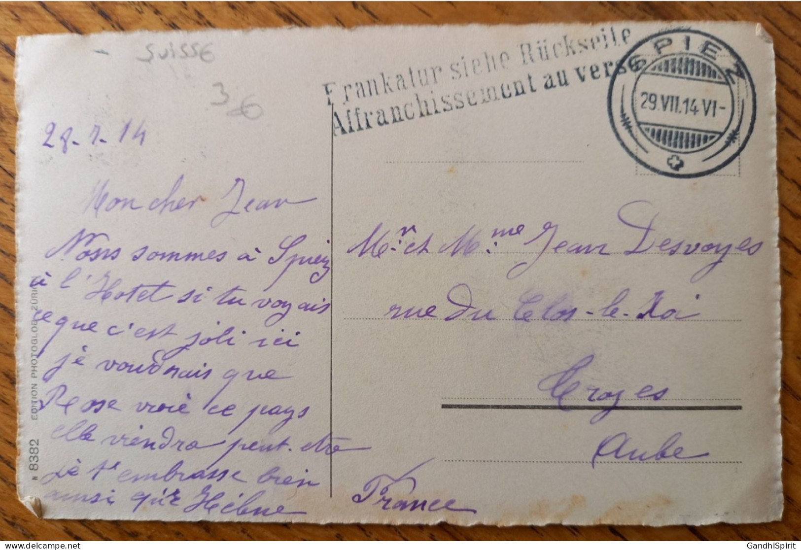 29.07.1914 CAD Spiez, Frankatur Siehe Ruckseite à Destination De Troyes - Marcophilie