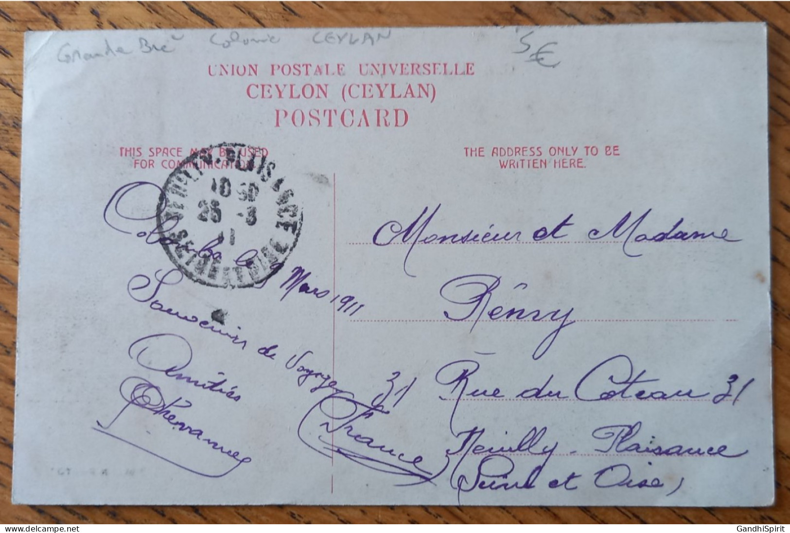 09.05.1911 TAD Colombo, Ceylan To Neuilly Plaisance, France - Ceylan (...-1947)