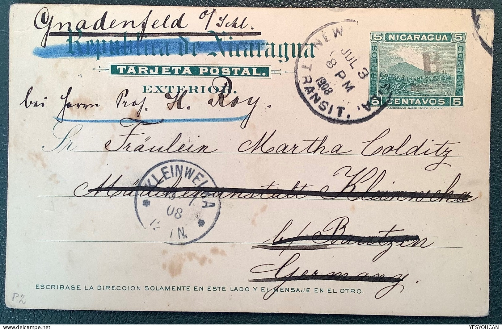 NICARAGUA 1908 Bluefields Ovpt „B“ 5c Postal Stationery Card>Kleinwelka>Oberschlesien&New Orleans Transit(Train Volcano - Nicaragua