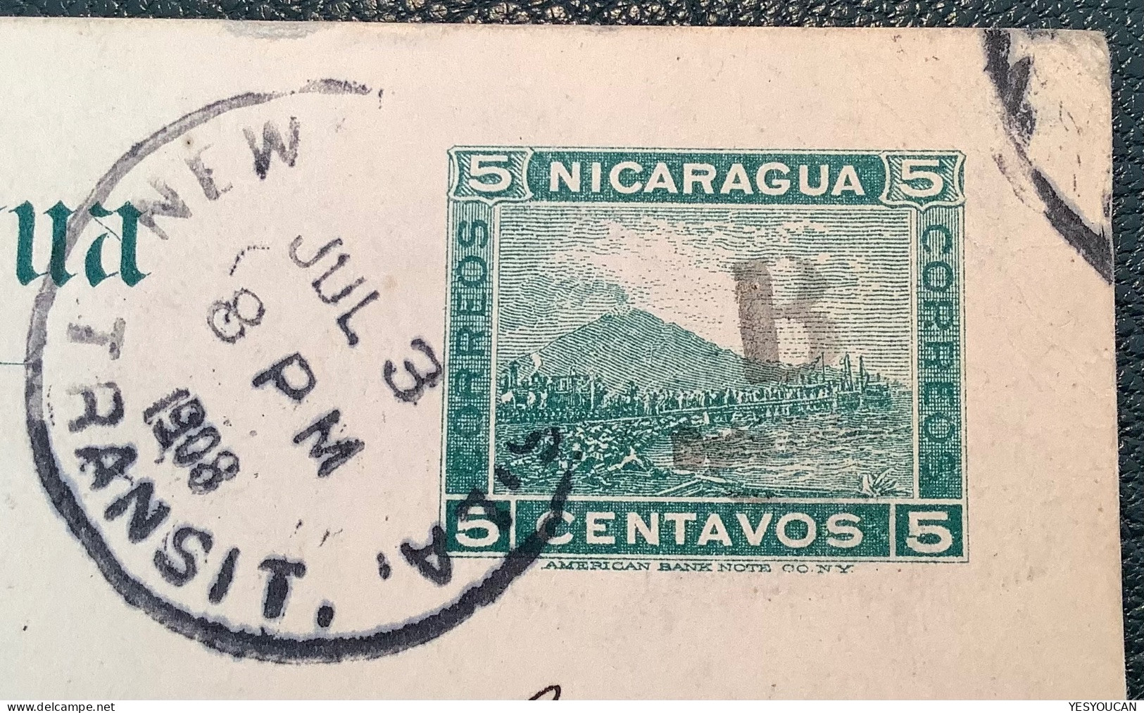 NICARAGUA 1908 Bluefields Ovpt „B“ 5c Postal Stationery Card>Kleinwelka>Oberschlesien&New Orleans Transit(Train Volcano - Nicaragua