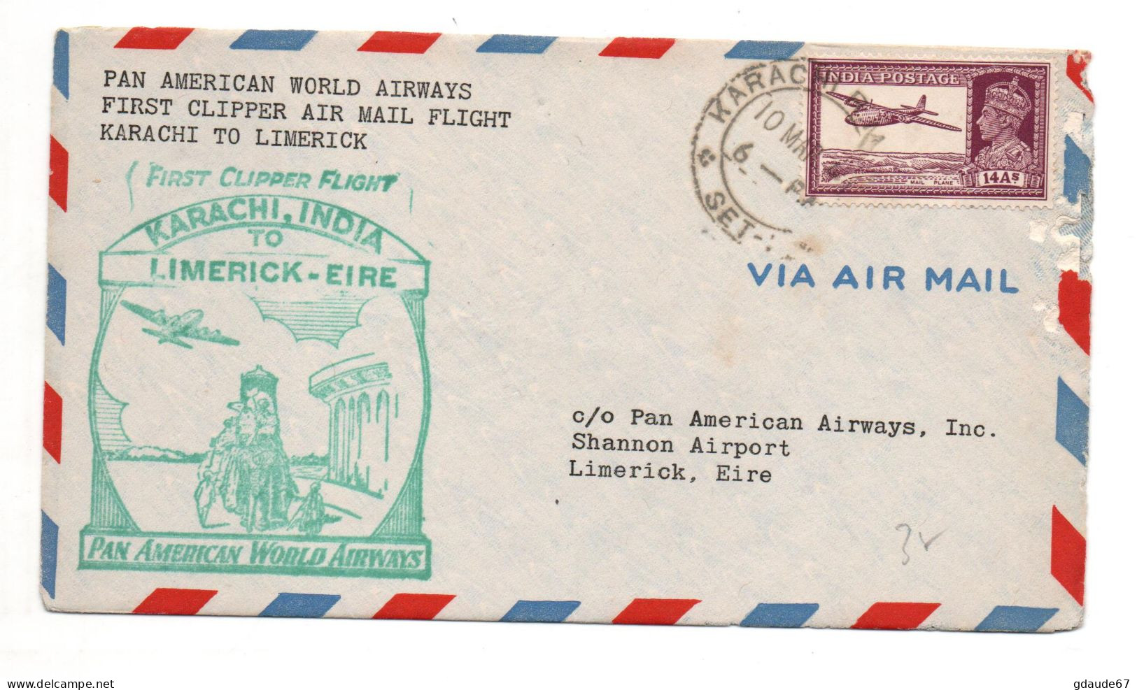 1947 - ENVELOPPE 1er PREMIER VOL / FIRST FLIGHT KARACHI INDIA TO LIMERICK EIRE - POSTE AERIENNE / AVION / AVIATION - Posta Aerea
