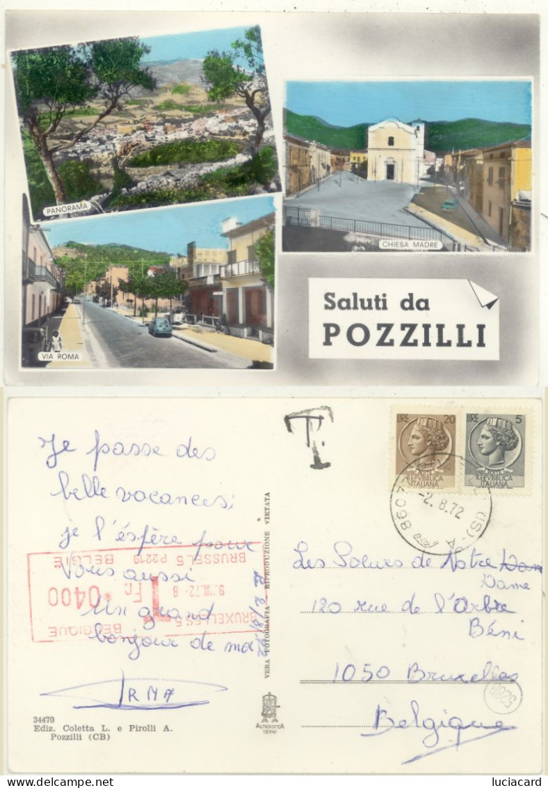 POZZILLI SALUTI -ISERNIA -VIA ROMA -CHIESA MADRE -PANORAMA -ACQUERELLATA -RARITà - Isernia