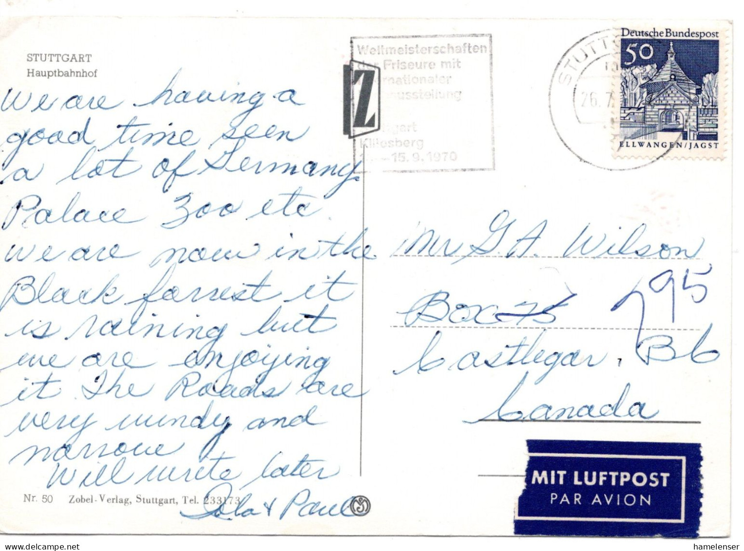 70759 - Bund - 1970 - 50Pfg Gr.Bauten EF A LpAnsKte STUTTGART - ... FRISEURE ... -> Castlegar, BC (Canada) - Storia Postale