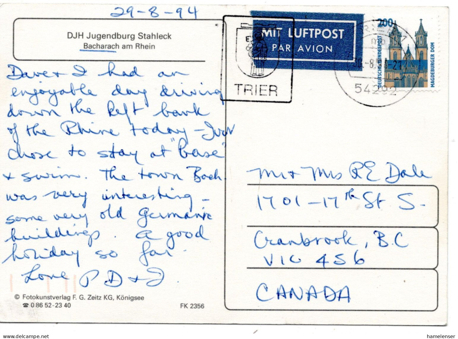 70760 - Bund - 1994 - 200Pfg SWK EF A LpAnsKte TRIER - TRIER -> Cranbrook, BC (Canada) - Briefe U. Dokumente