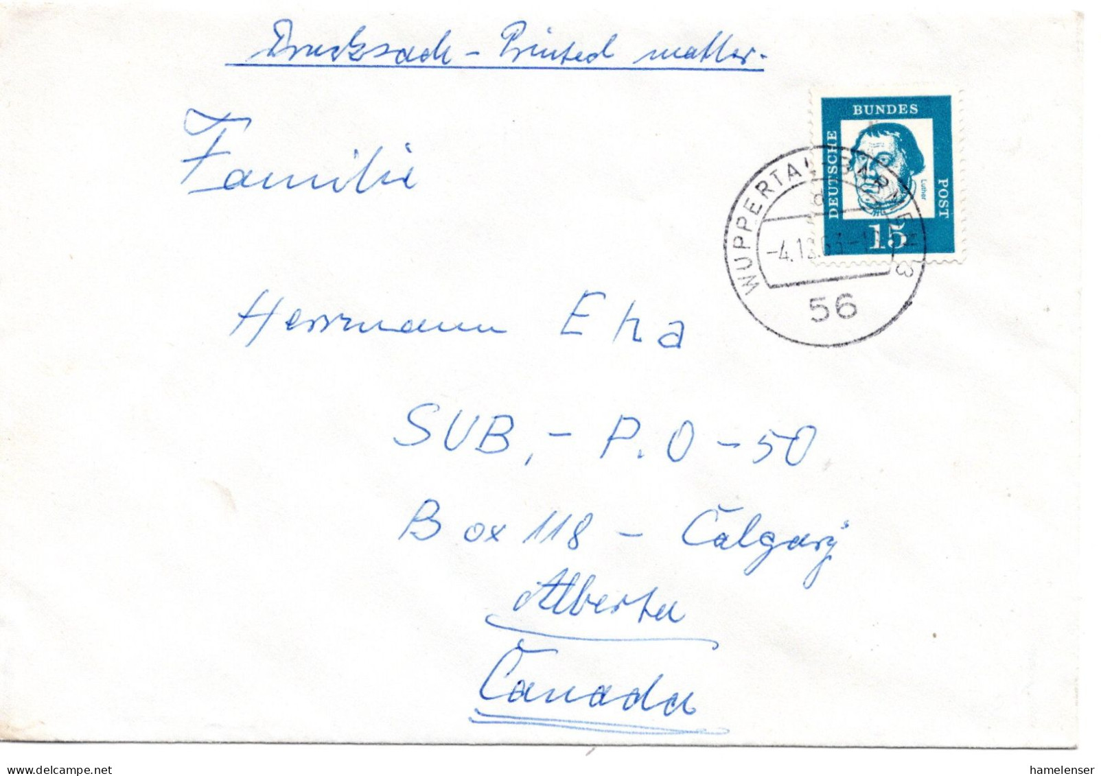 70762 - Bund - 1964 - 15Pfg Luther EF A DrucksBf WUPPERTAL -> Calgary, AB (Canada) - Storia Postale