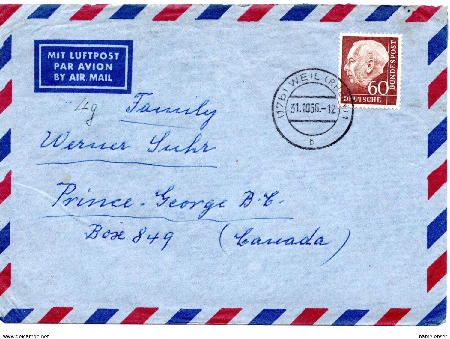 70763 - Bund - 1956 - 60Pfg Heuss I EF A LpBf WEIL -> Prince George, AB (Canada) - Brieven En Documenten