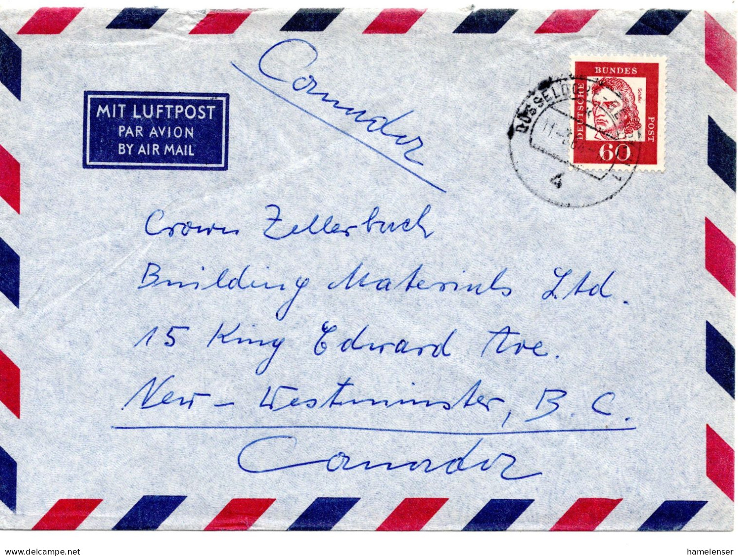 70764 - Bund - 1964 - 60Pfg Schiller EF A LpBf DUESSELDORF -> New Westminster, BC (Canada) - Covers & Documents