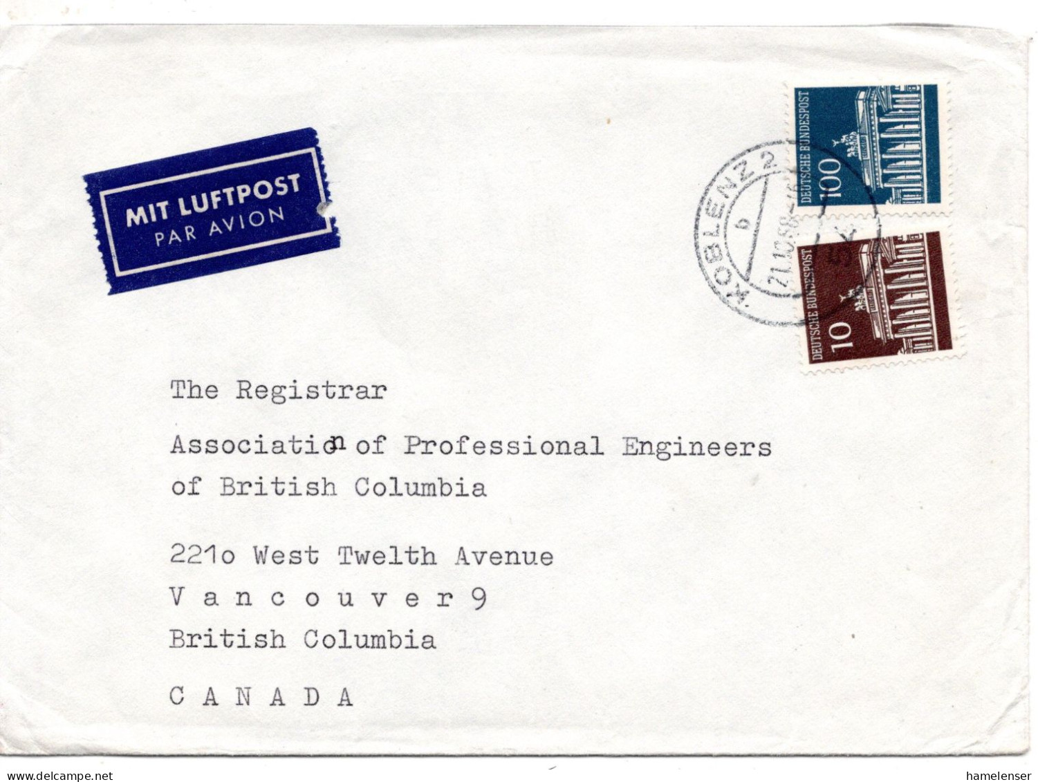 70765 - Bund - 1968 - 100Pfg Brandenburger Tor MiF A LpBf KOBLENZ -> Vancouver, BC (Canada) - Storia Postale