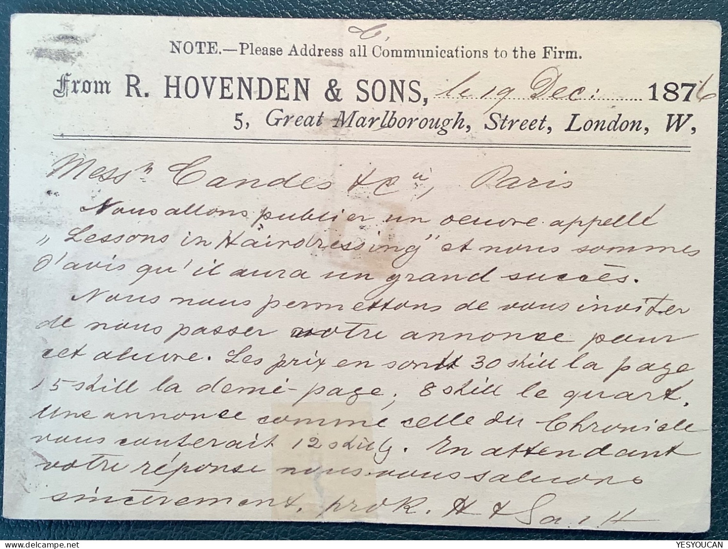 "L1" RARE LATE FEE On GB Postal Stationery Card Queen Victoria 1d/farthing LONDON1876>Paris France (levée Exceptionnelle - Cartas & Documentos