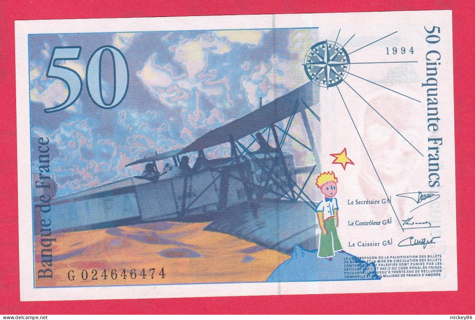 France-1994--billet  50F "St Exupéry"  N°  G 024646474.....---SPL -- .....Excellent  état - 50 F 1992-1999 ''St Exupéry''