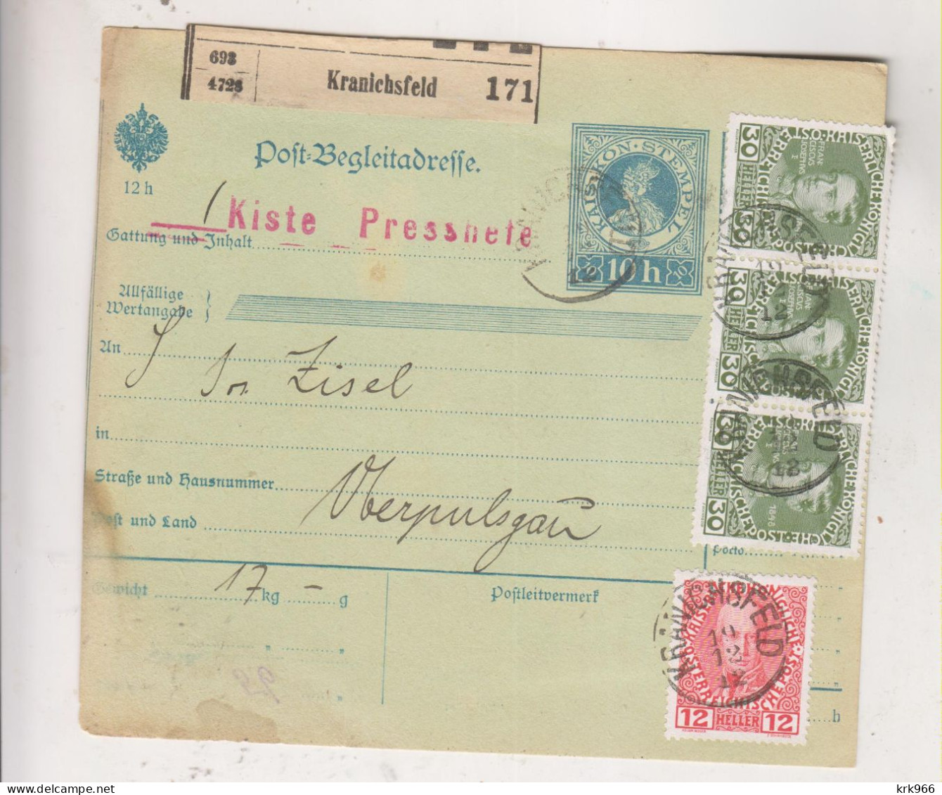 SLOVENIA,Austria 1912 KRANICHSFELD RACE Parcel Card - Slowenien