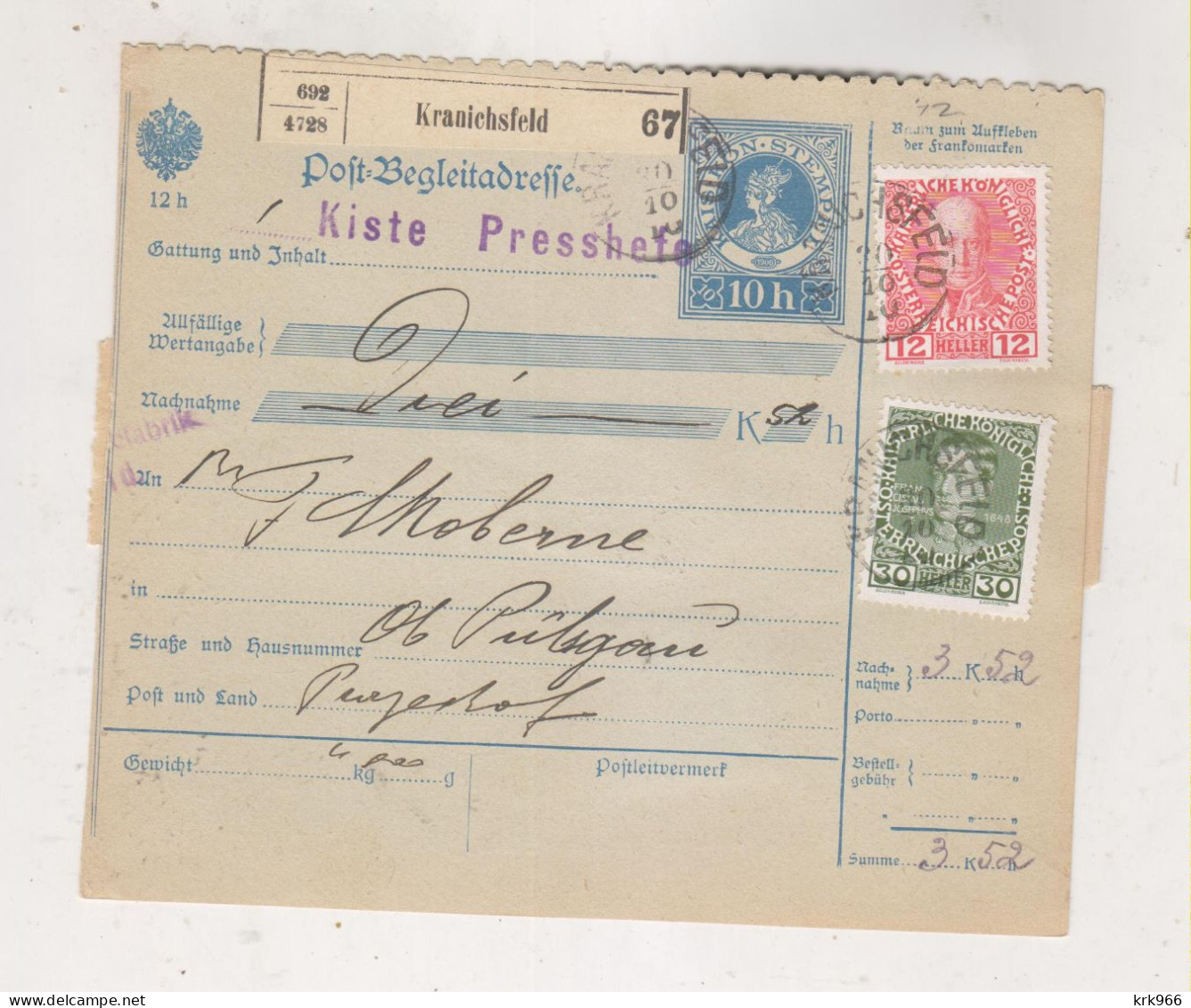 SLOVENIA,Austria 1910 KRANICHSFELD RACE Parcel Card - Slowenien