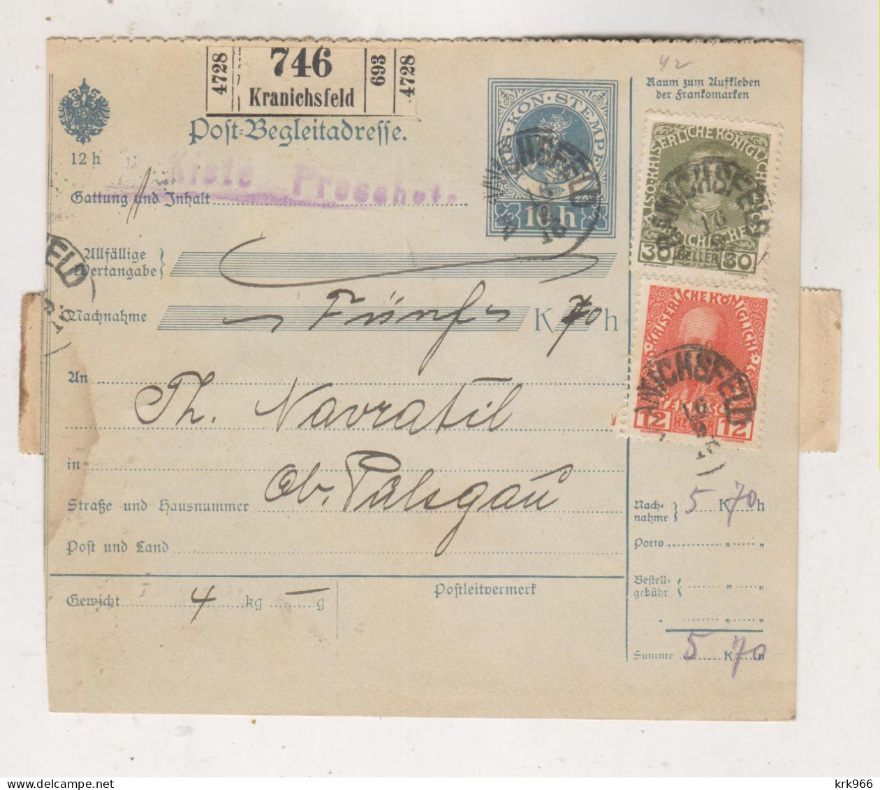 SLOVENIA,Austria 1916 KRANICHSFELD RACE Parcel Card - Slowenien