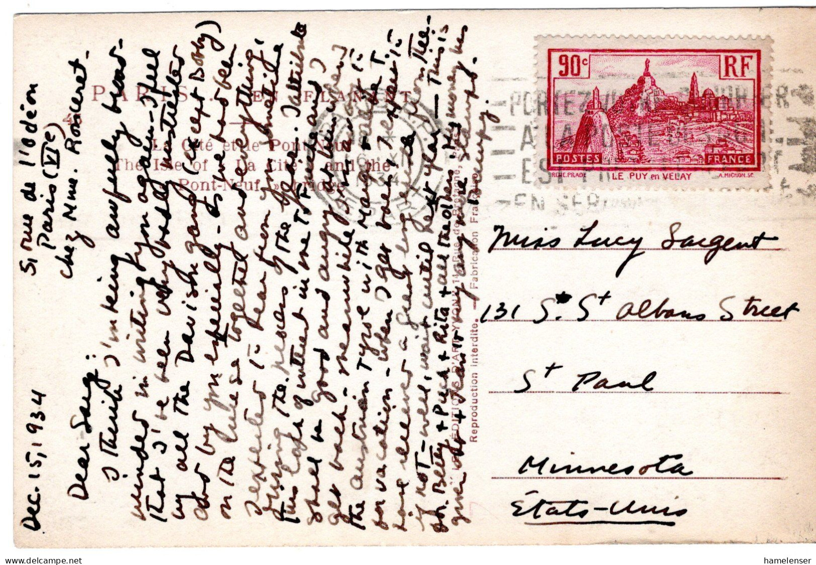 70781 - Frankreich - 1934 - 90c Le Puy EF A AnsKte PARIS -> St Paul, MN (USA) - Storia Postale