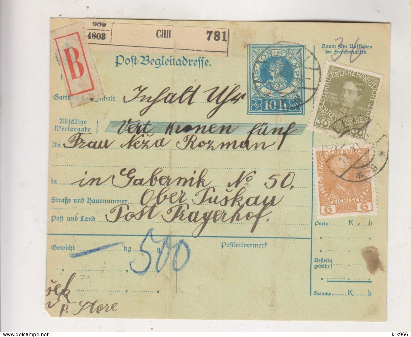 SLOVENIA,Austria 1914 CELJE CILLI  Parcel Card - Slowenien