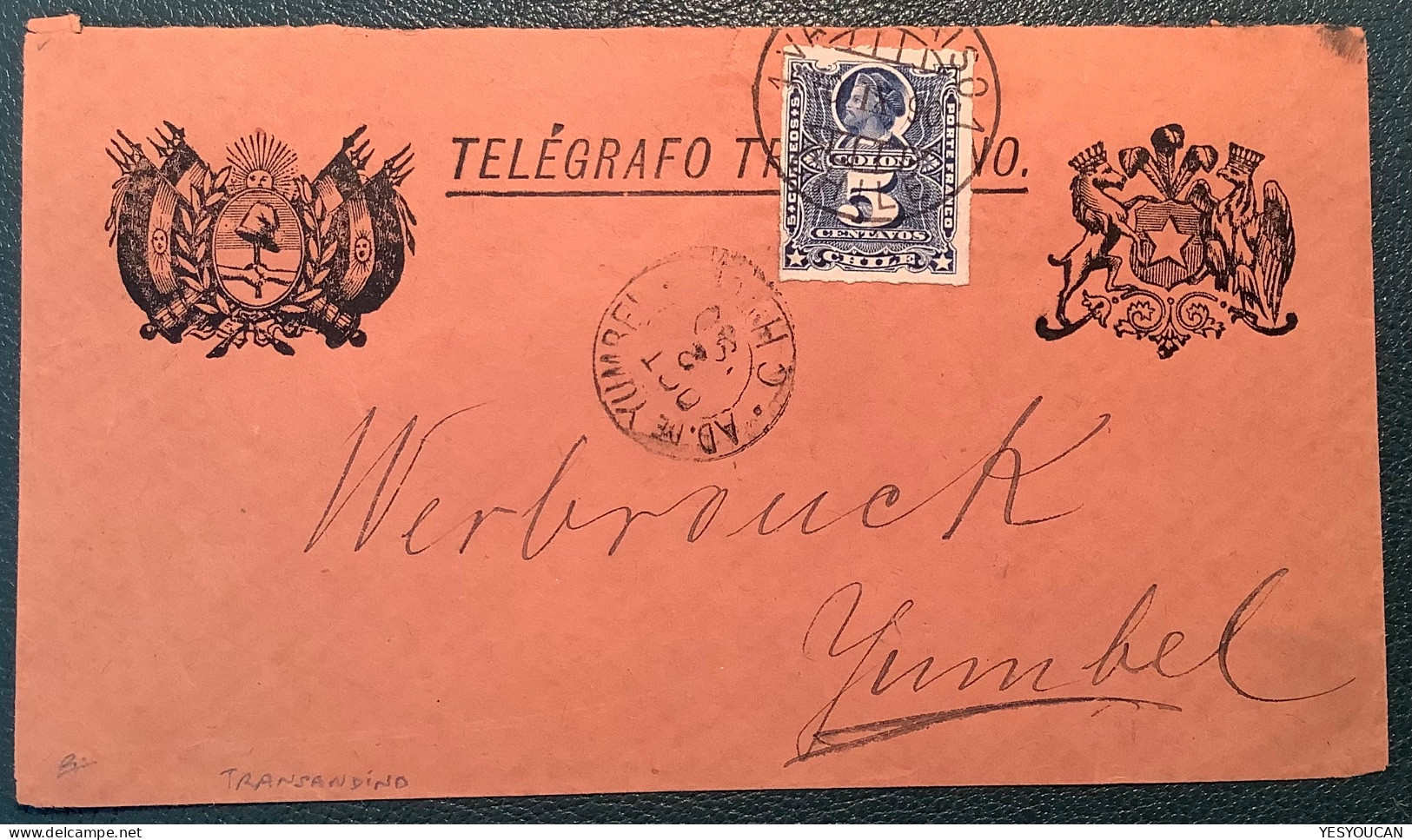 RRR ! TELÉGRAFO TRANSANDINO (Argentina/Chile) VALPARAISO 1890 Telegraph Cover>Yumbel (telegram Telegramme - Chili