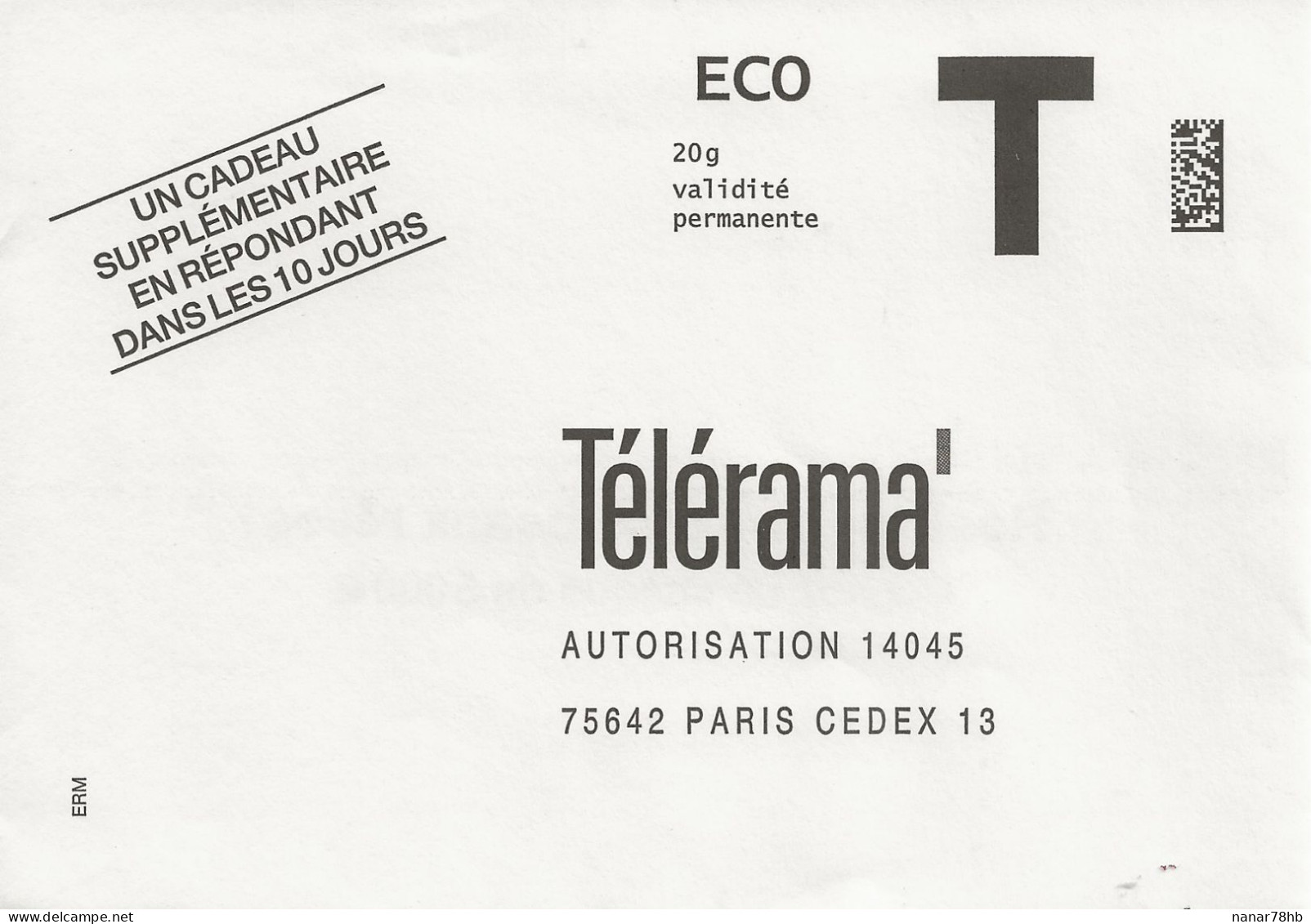 Lettre T , Télérama (revue) Eco 20g - Cartes/Enveloppes Réponse T