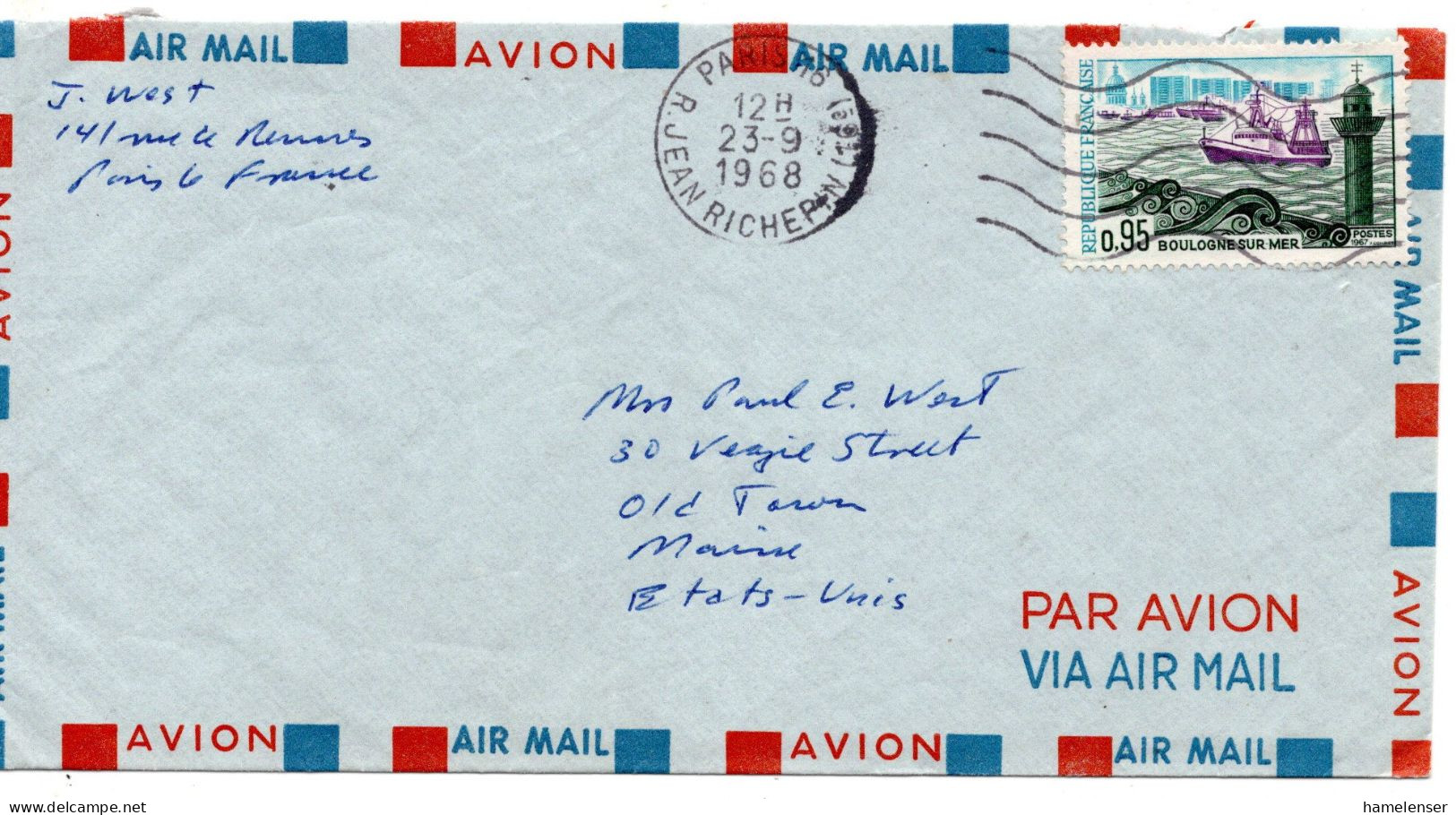 70795 - Frankreich - 1968 - 0,95F Boulogne EF A Bf PARIS -> Old Town, ME (USA) - Briefe U. Dokumente