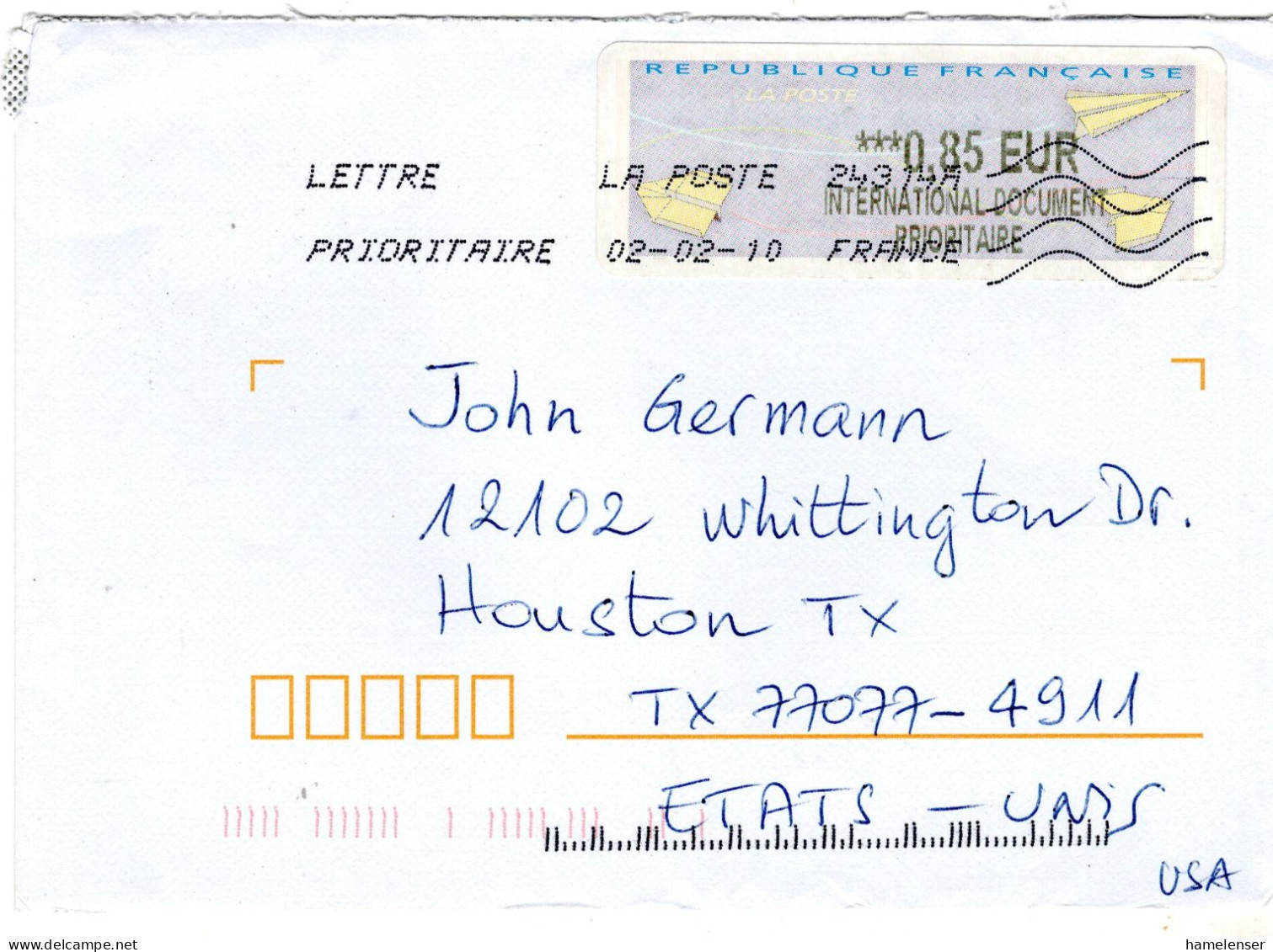 70797 - Frankreich - 2010 - €0,85 ATM EF A Bf 24314A -> Houston, TX (USA) - 2010-... Illustrated Franking Labels