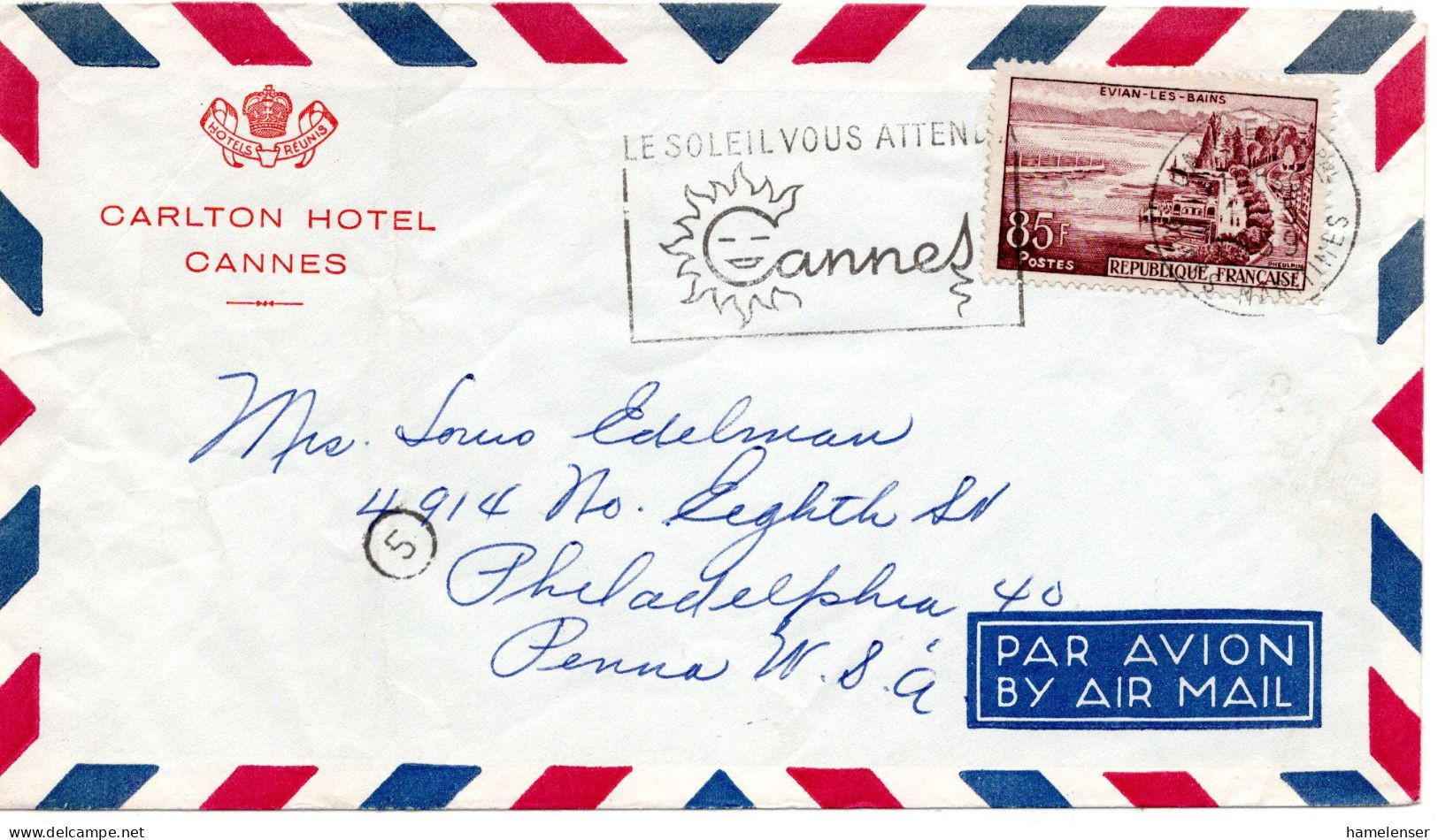70798 - Frankreich - 1959 - 85F Evian EF A LpBf CANNES -> Philadelphia, PA (USA) - Covers & Documents
