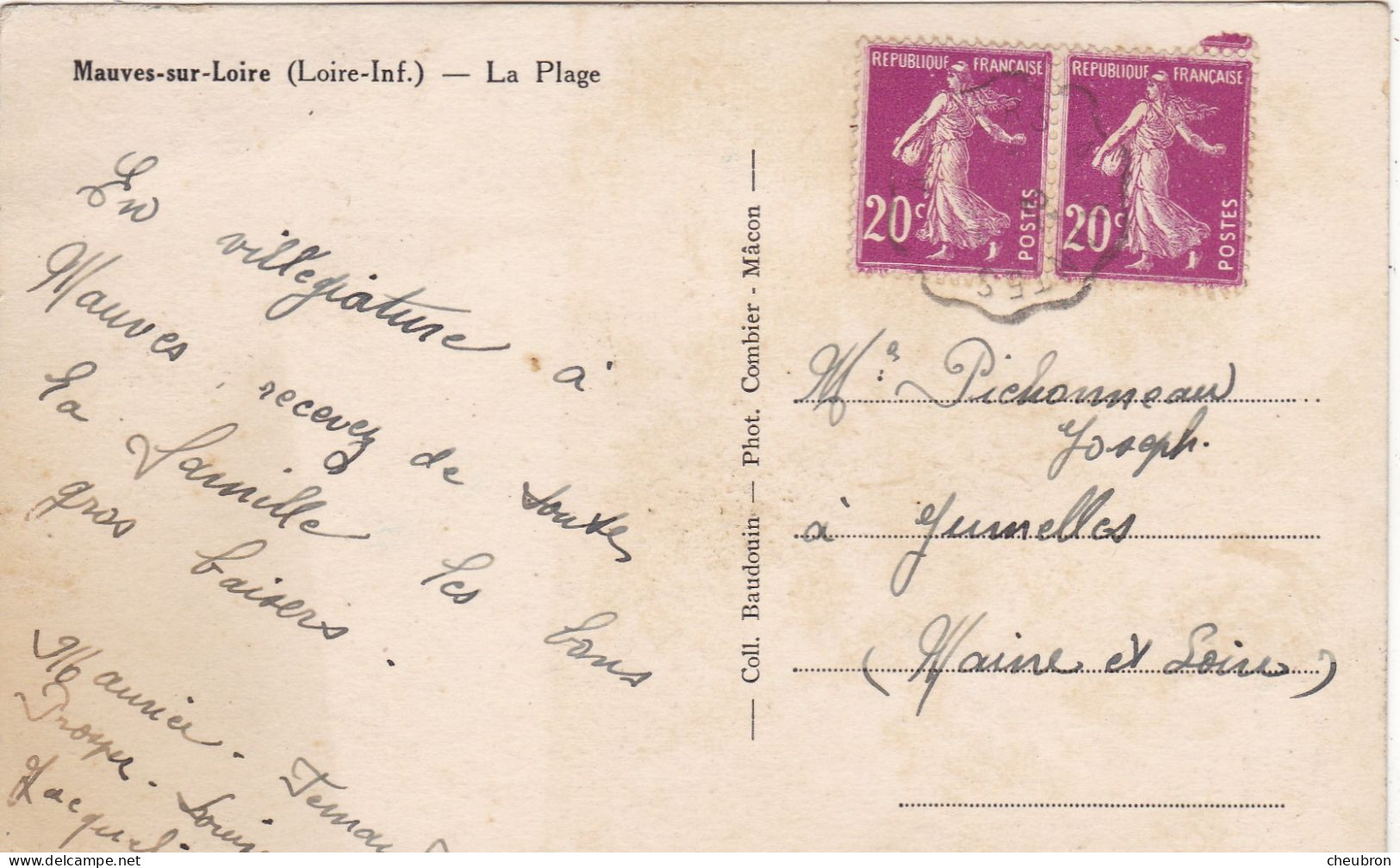 44. MAUVES-SUR-LOIRE. CPA COLORISEE.  LA PLAGE.  ANNEE 1928 + TEXTE - Mauves-sur-Loire