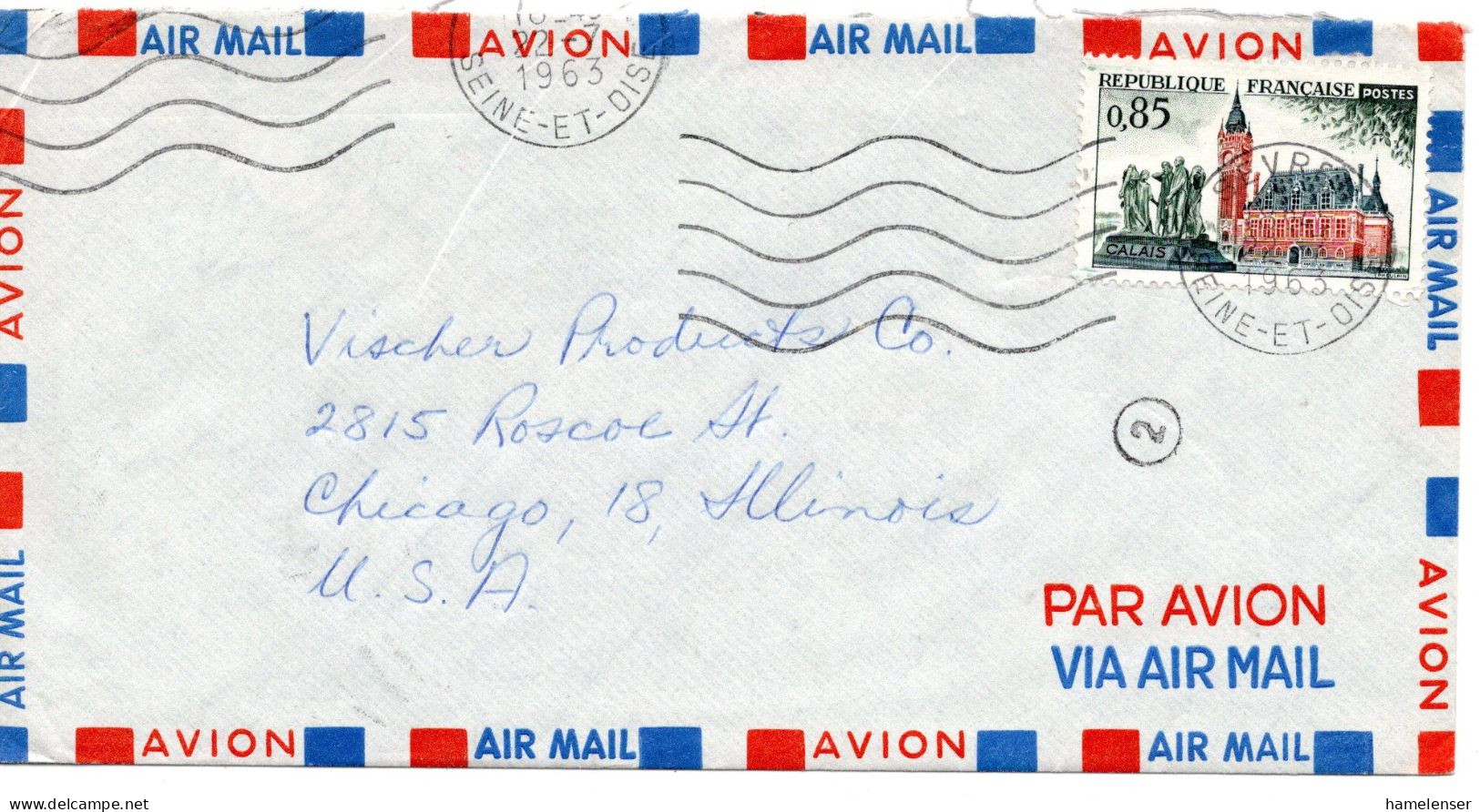 70805 - Frankreich - 1963 - 0,85F Calais EF A LpBf SEVRES -> Chicago, IL (USA) - Briefe U. Dokumente
