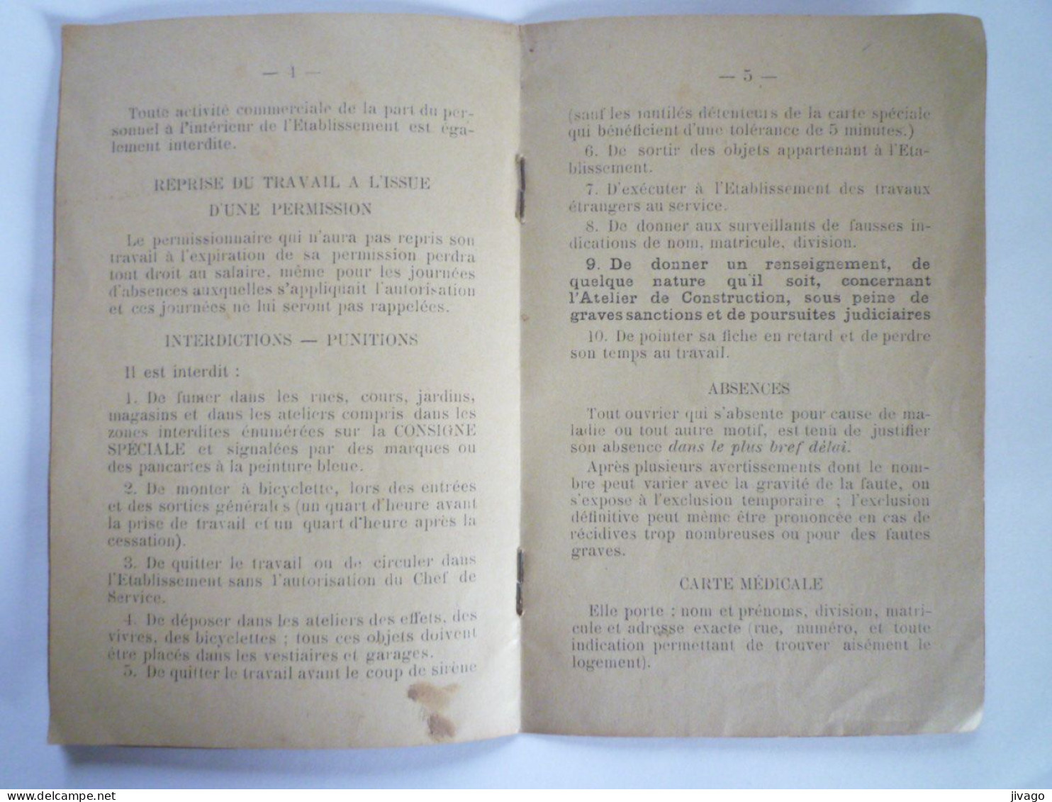 2023 - 2530  REGLEMENTS & CONSIGNES  Intéressant Les OUVRIERS ET OUVRIERES  De L'Atelier De Construction De TARBES 1939 - Non Classificati