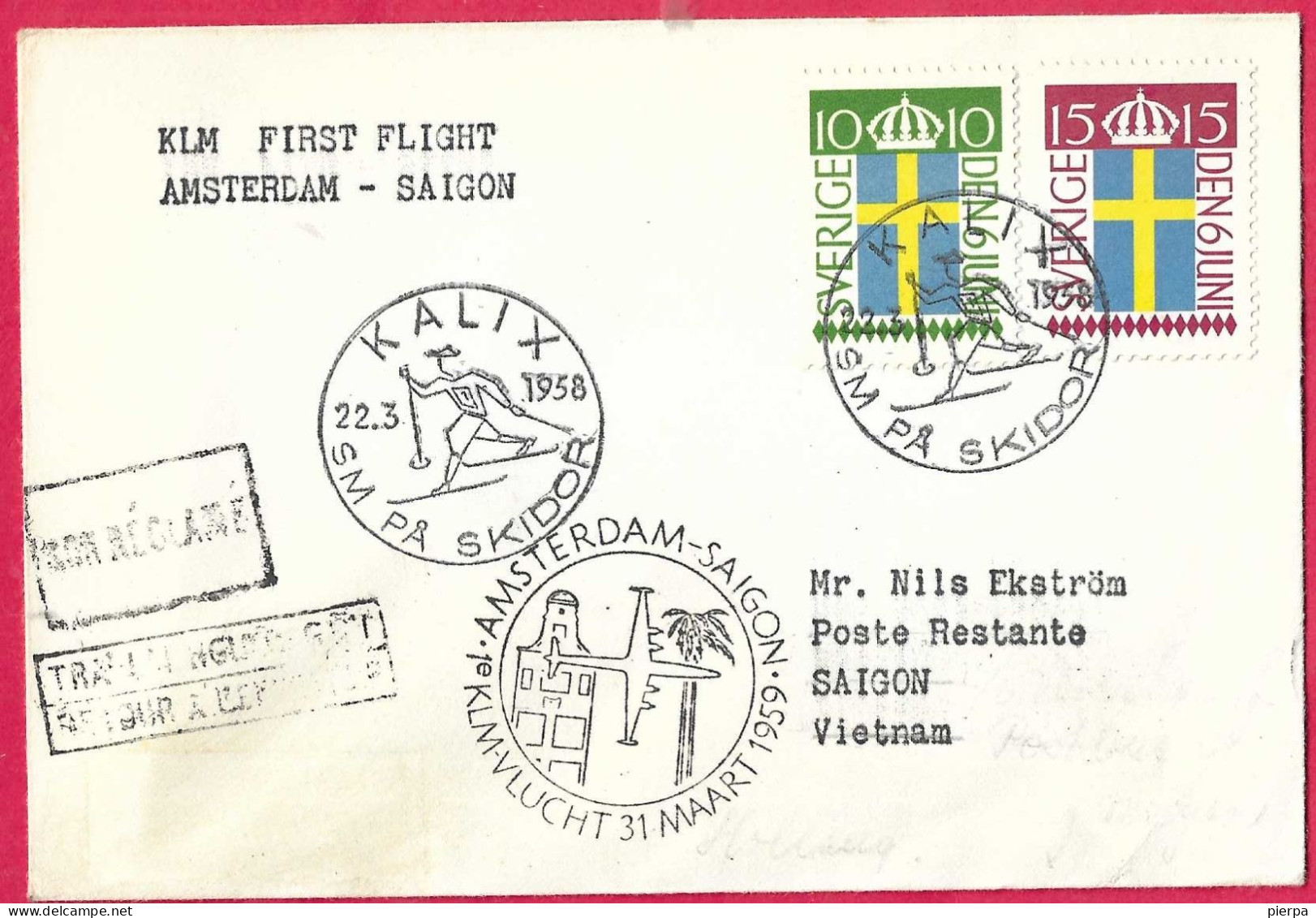 SVERIGE - FIRST FLIGHT KLM FROM AMSTERDAM TO SAIGON *22.3.1958* ON OFFICIAL COVER - Brieven En Documenten