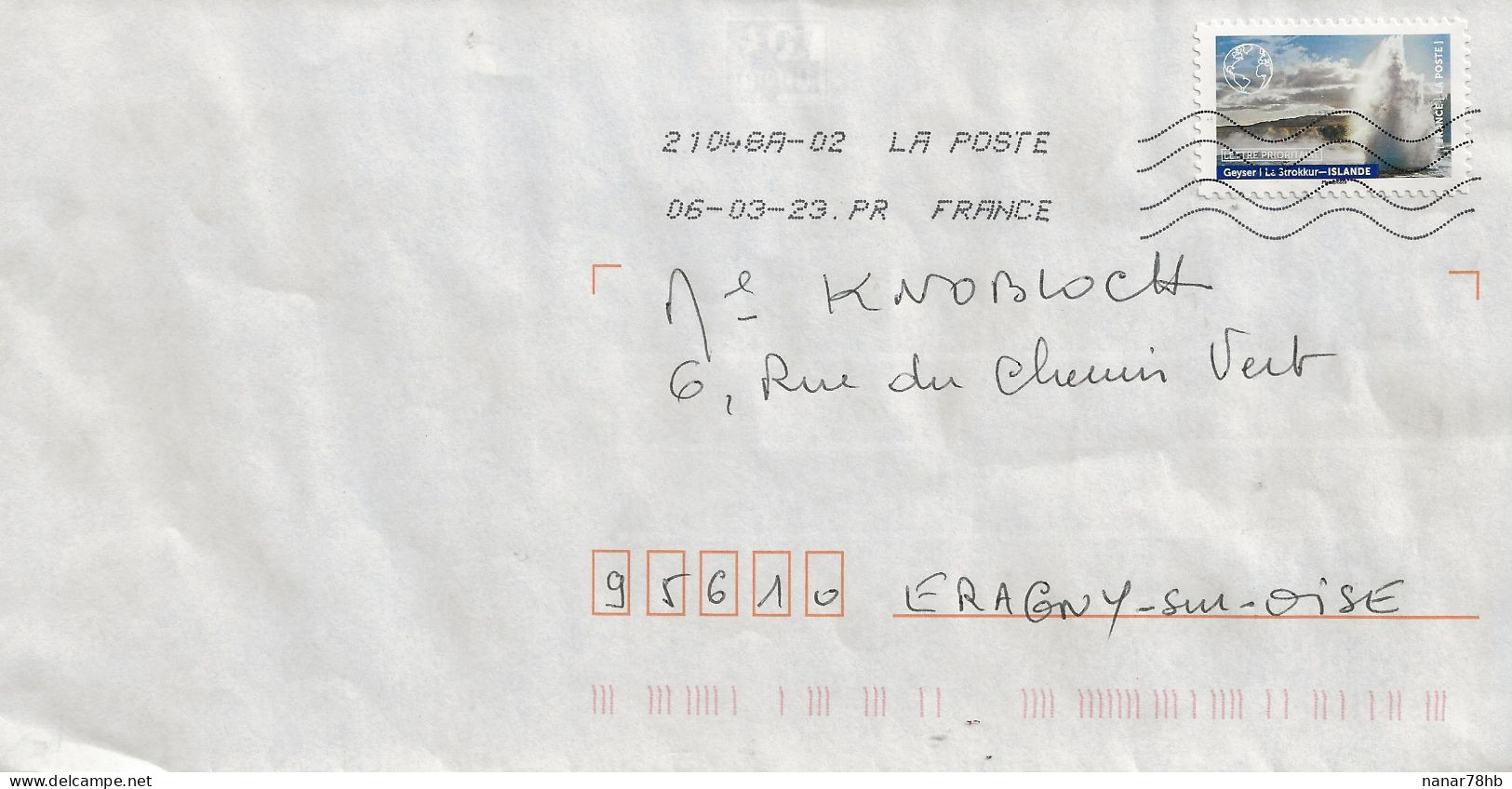 Timbre Seul Sur Lettre N°A2086 Geyser Islande (oblitération Du 06/03/2023) - Lettres & Documents