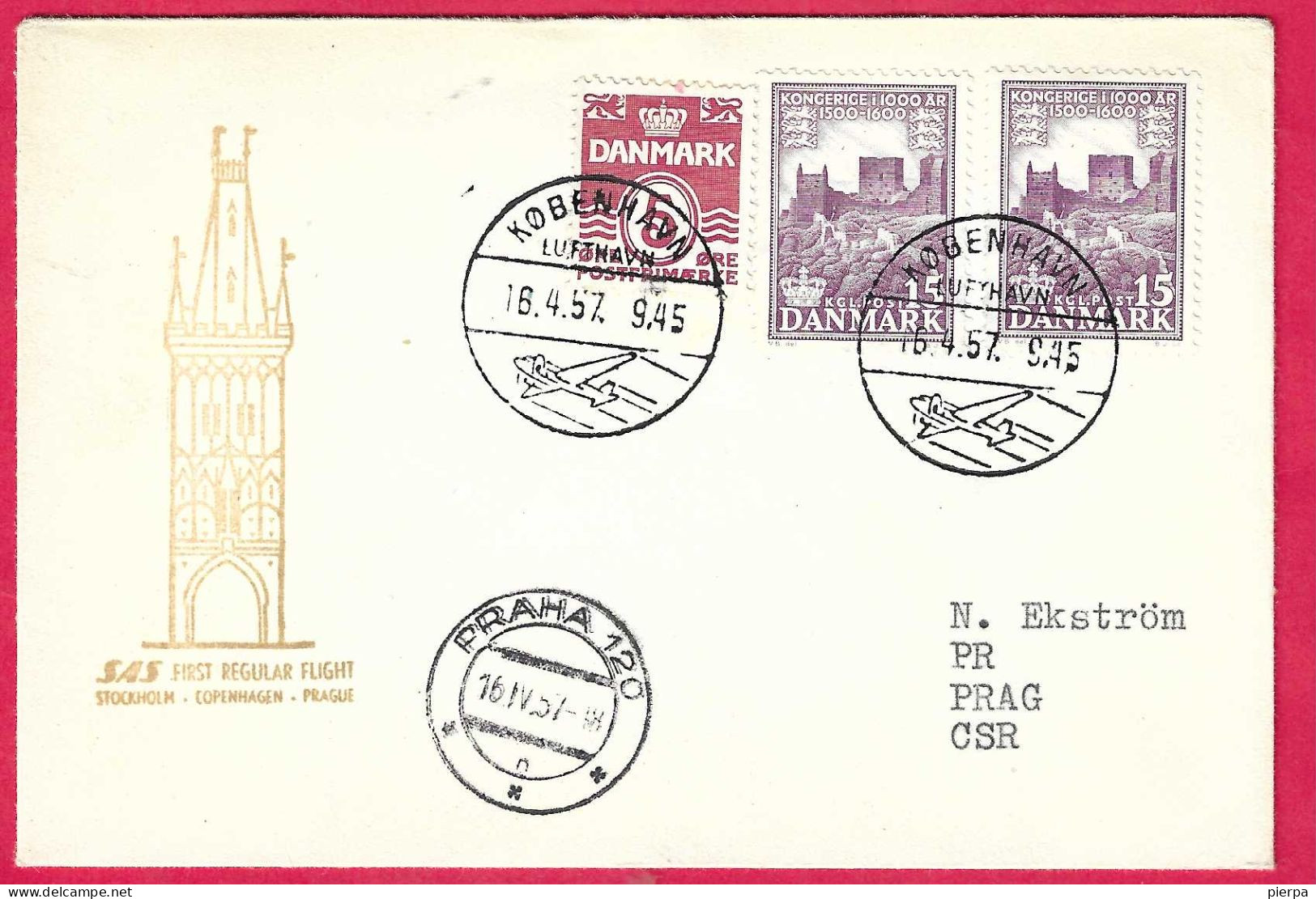 DANMARK - FIRST REGULAR FLIGHT SAS  FROM KOPENHAVN TO PRAHA *16.4.57* ON OFFICIAL COVER - Luchtpostzegels