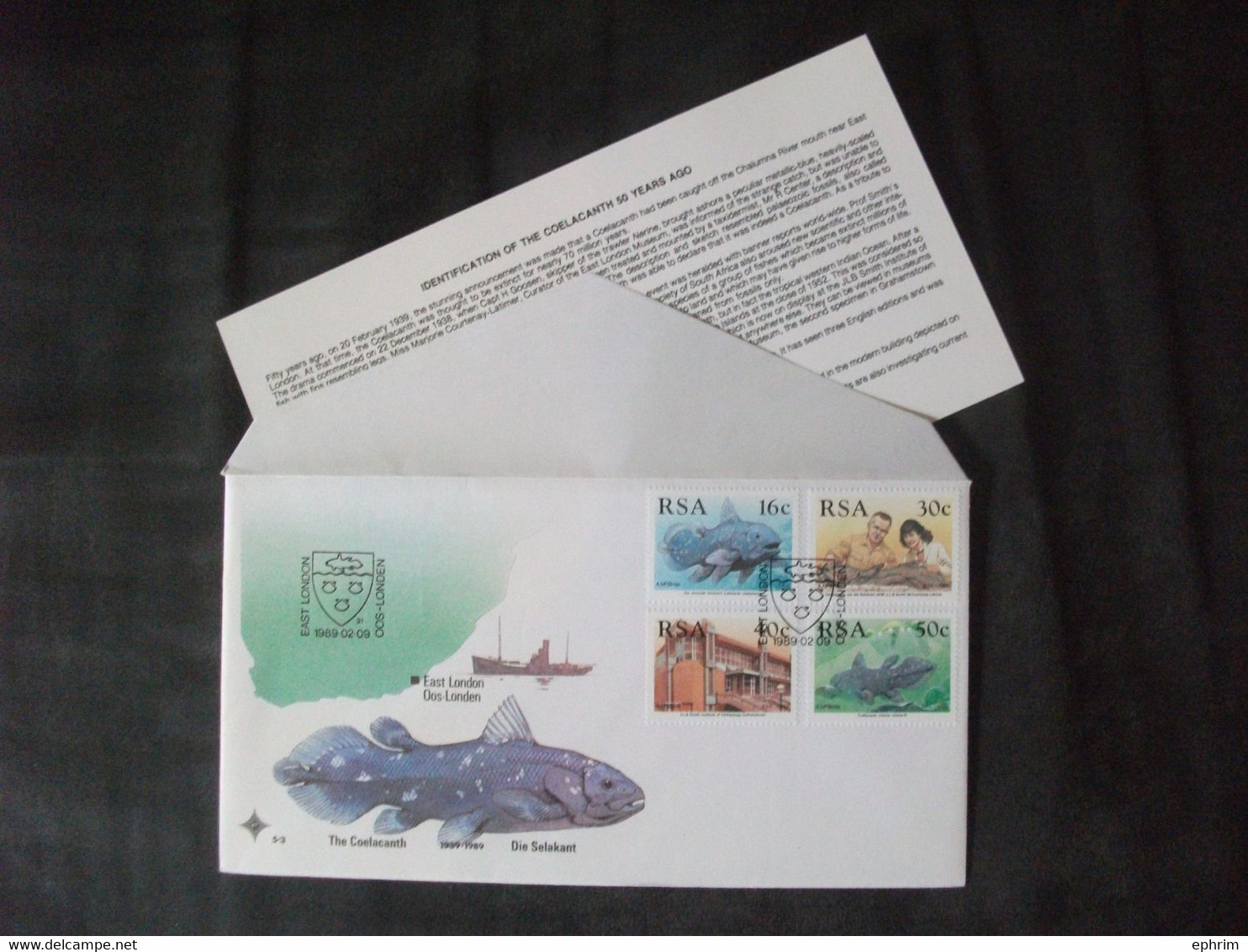 EAST LONDON SOUTH AFRICA ENVELOPPE POISSON FOSSILE TIMBRE COELACANTHE FOSSIL COELACANTH FISH STAMP COVER DIE SELAKANT - Fossils