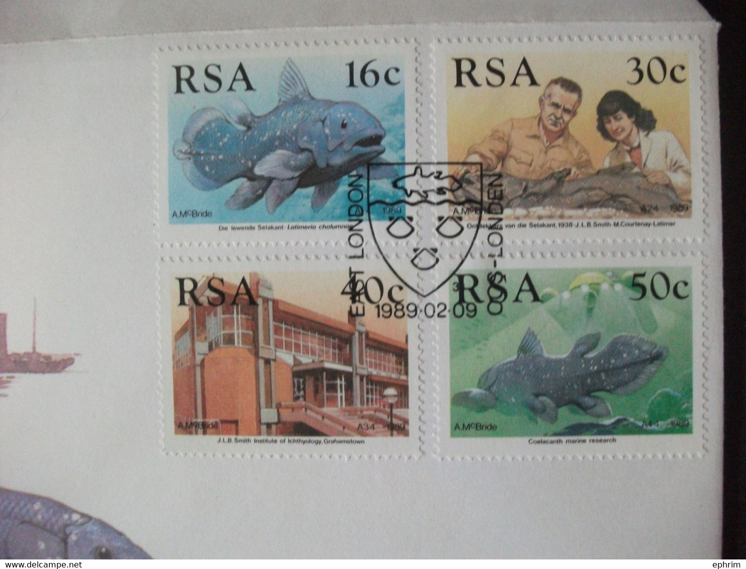 EAST LONDON SOUTH AFRICA ENVELOPPE POISSON FOSSILE TIMBRE COELACANTHE FOSSIL COELACANTH FISH STAMP COVER DIE SELAKANT - Fossielen