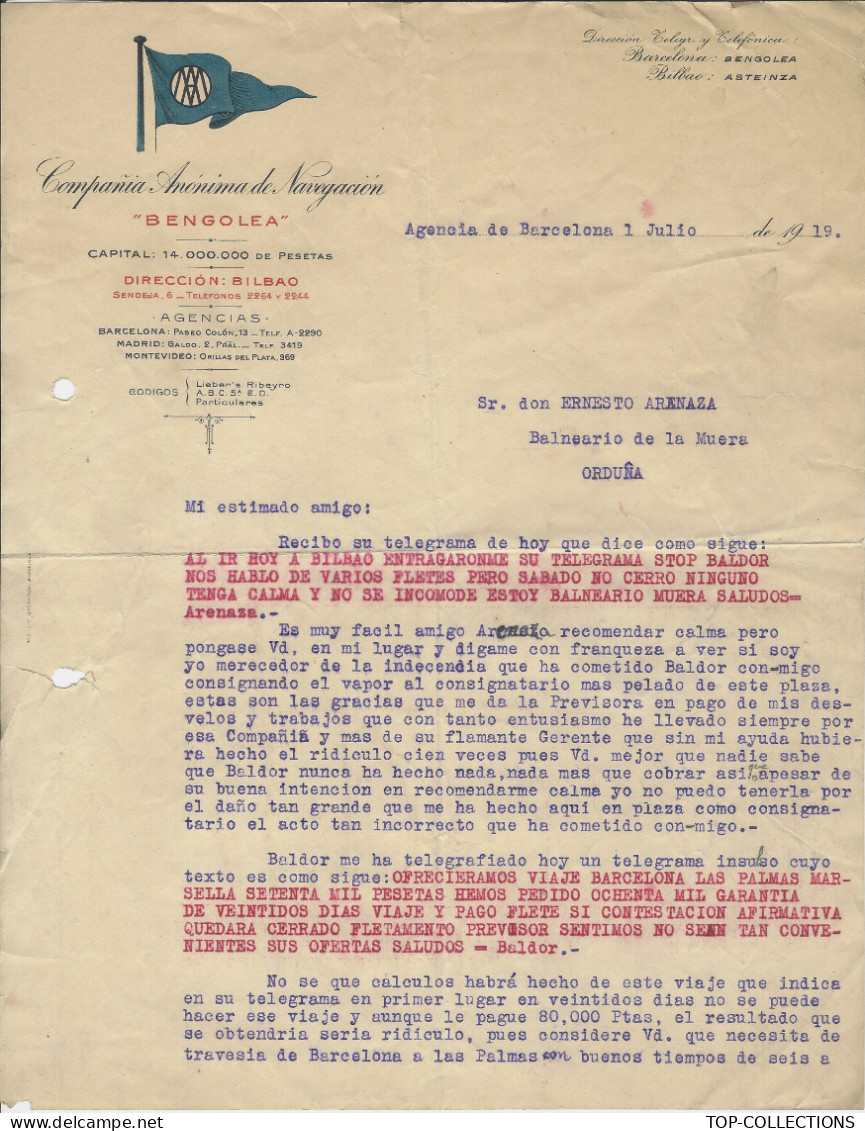 1919 NAVIGATION ENTETE Compania Anonima De Navegacion Bengolea  Blibao  Barcelone Avec PAVILLON HOUSEFLAG Sign. - 1900 – 1949