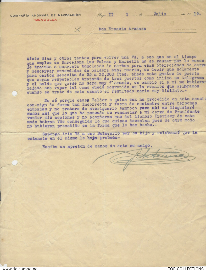 1919 NAVIGATION ENTETE Compania Anonima De Navegacion Bengolea  Blibao  Barcelone Avec PAVILLON HOUSEFLAG Sign. - 1900 – 1949
