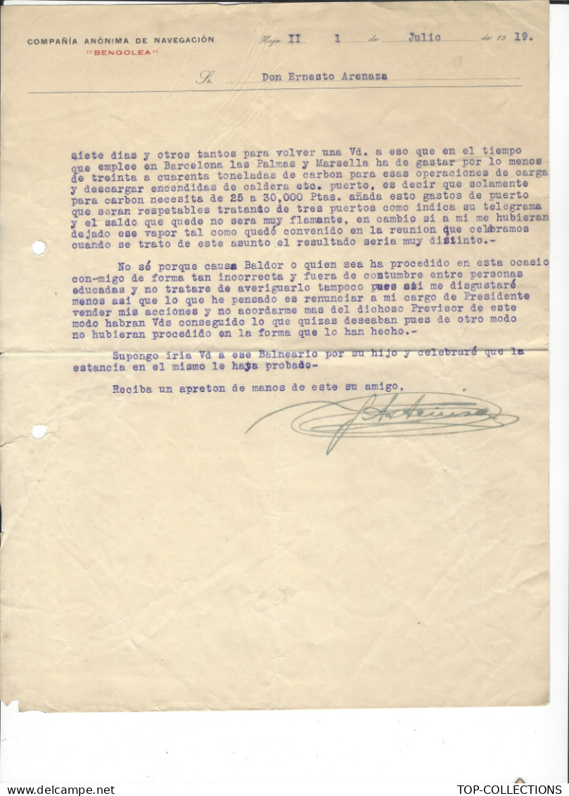 1919 NAVIGATION ENTETE Compania Anonima De Navegacion Bengolea  Blibao  Barcelone Avec PAVILLON HOUSEFLAG Sign. - 1900 – 1949