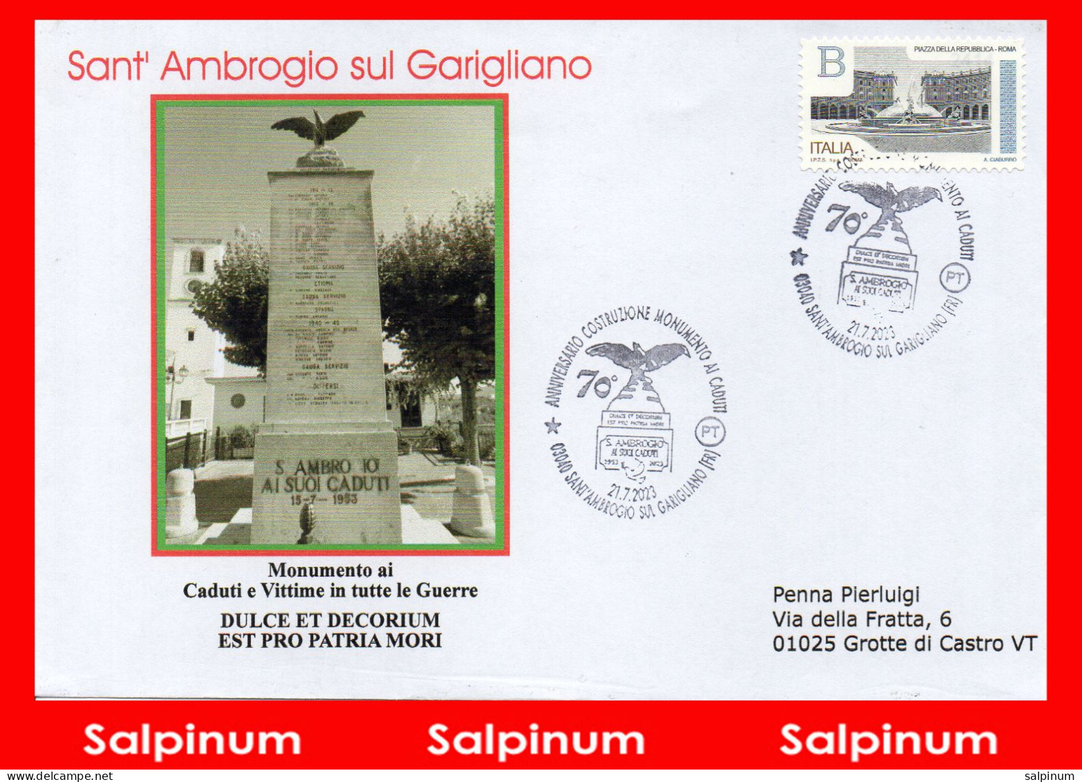 ANNULLO ANNIVERSARIO 70° MONUMENTO AI CADUTI SANT’ AMBROGIO SUL GARIGLIANO - 2021-...: Marcofilie