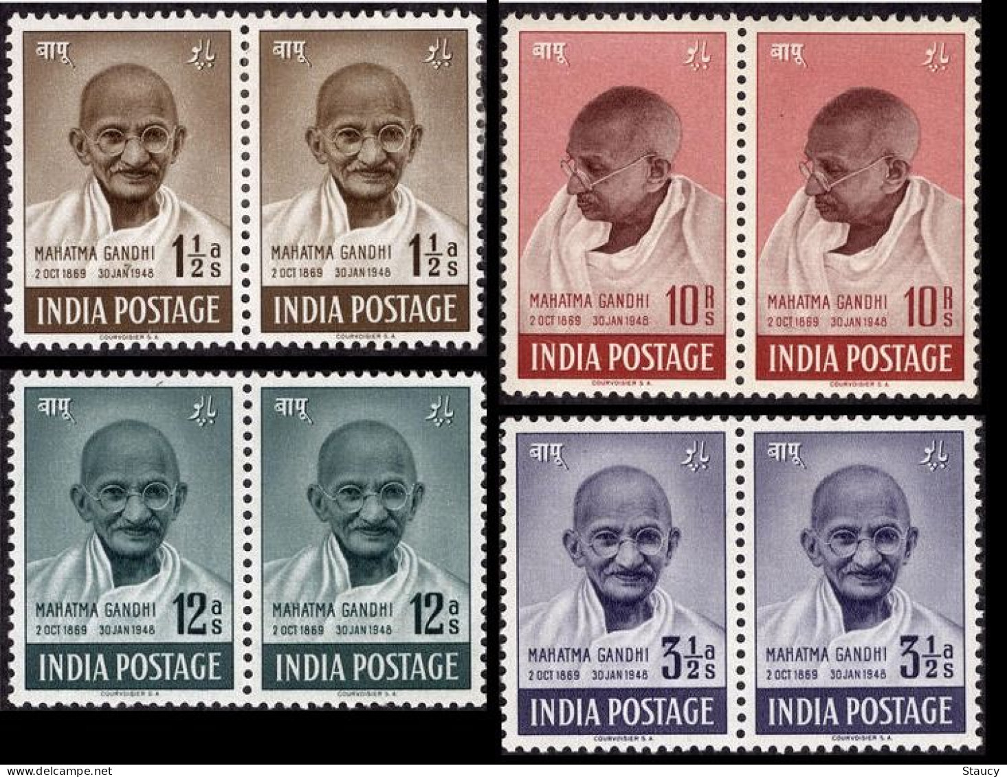 India 1948 Mahatma Gandhi Mourning 2 X 4v SET (2 Sets) Mounted Mint, NICE COLOUR As Per Scan - Neufs