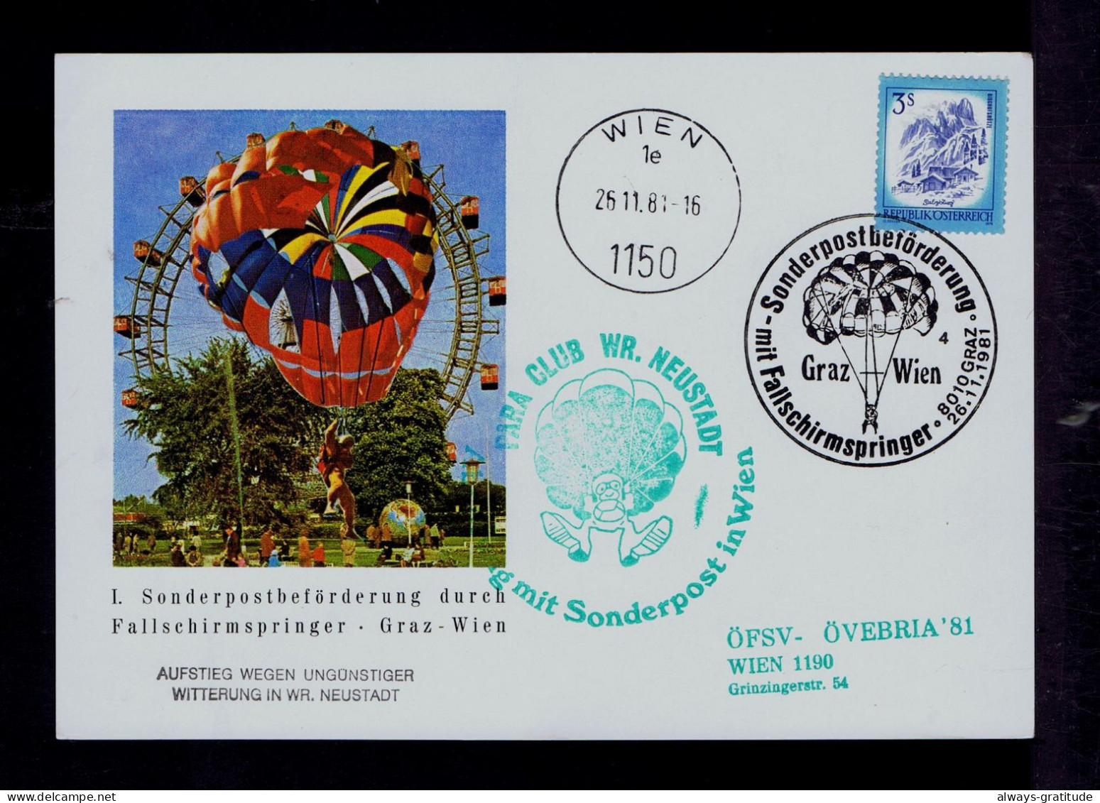 Sp10070 AUTRICHE Sports Parachutting Posyal Stationery Mailed Graz »Wien 1981 - Paracaidismo