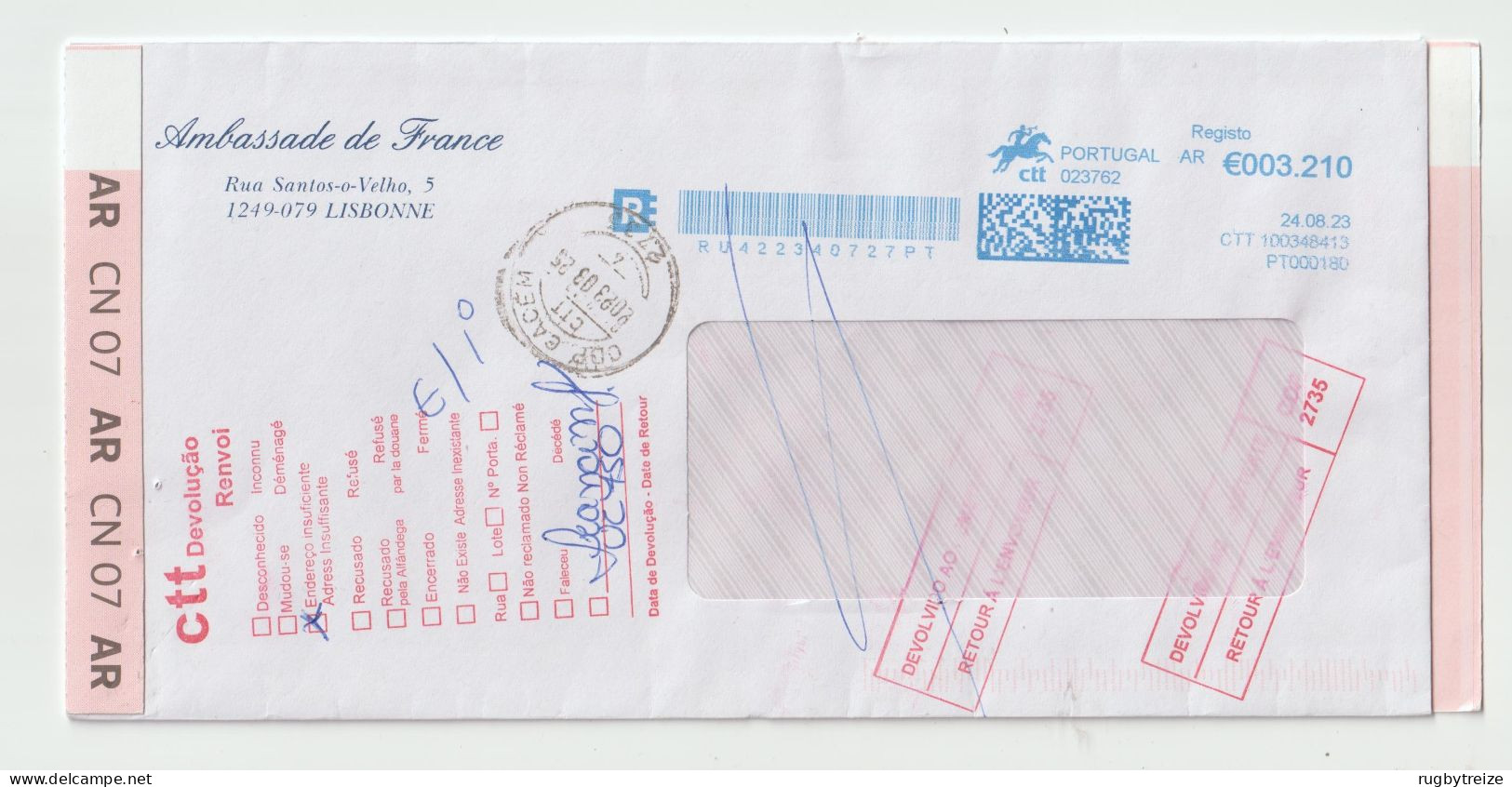 7067 PORTUGAL Recommandé Registered NPAI Return To Sender Horse Cheval RTS Qr Code Code Barre Bar - Franking Machines (EMA)