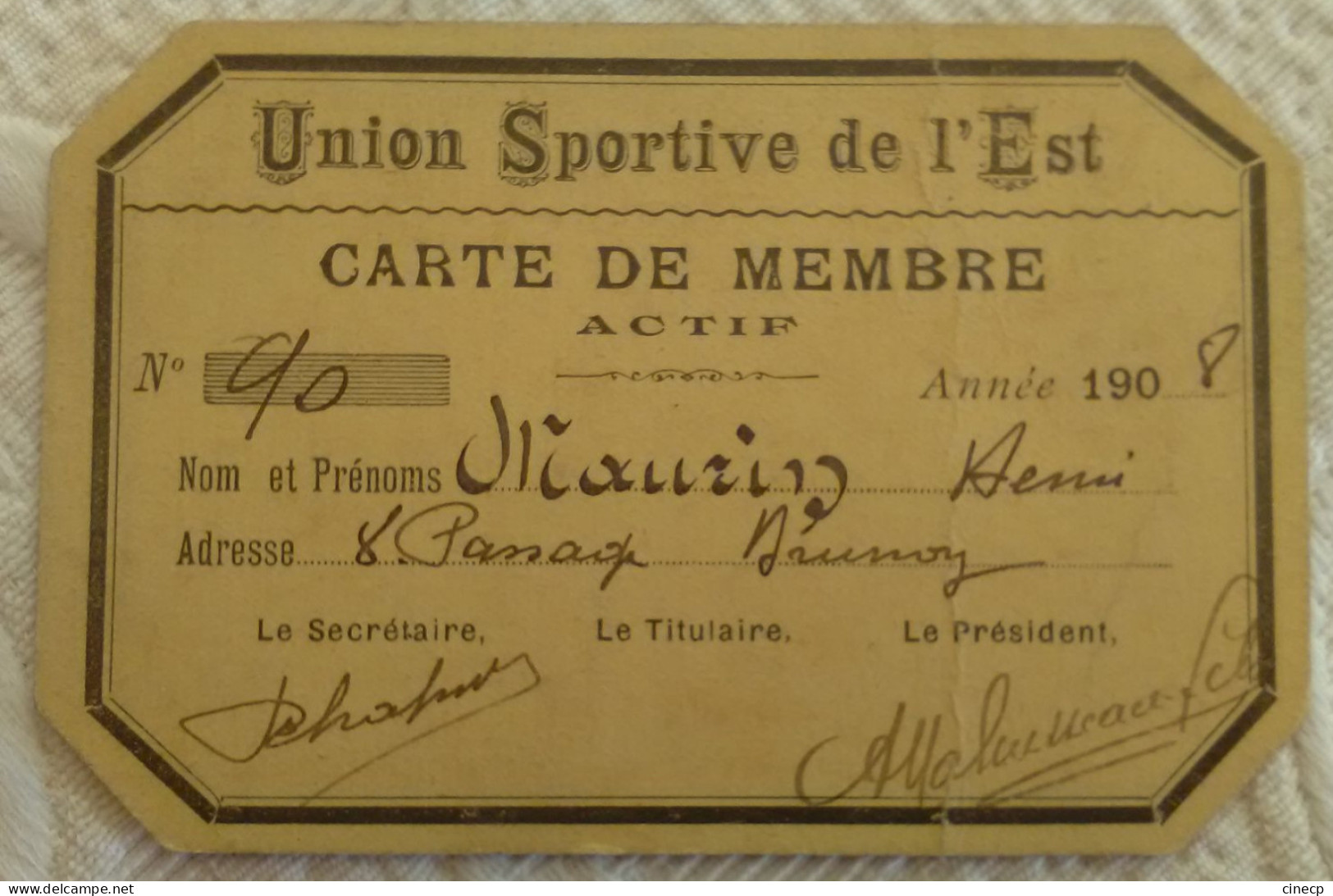 SPORT CARTE DE MEMBRE L'UNION SPORTIVE DE L'EST 1908 Charenton St Mandé - Athletics