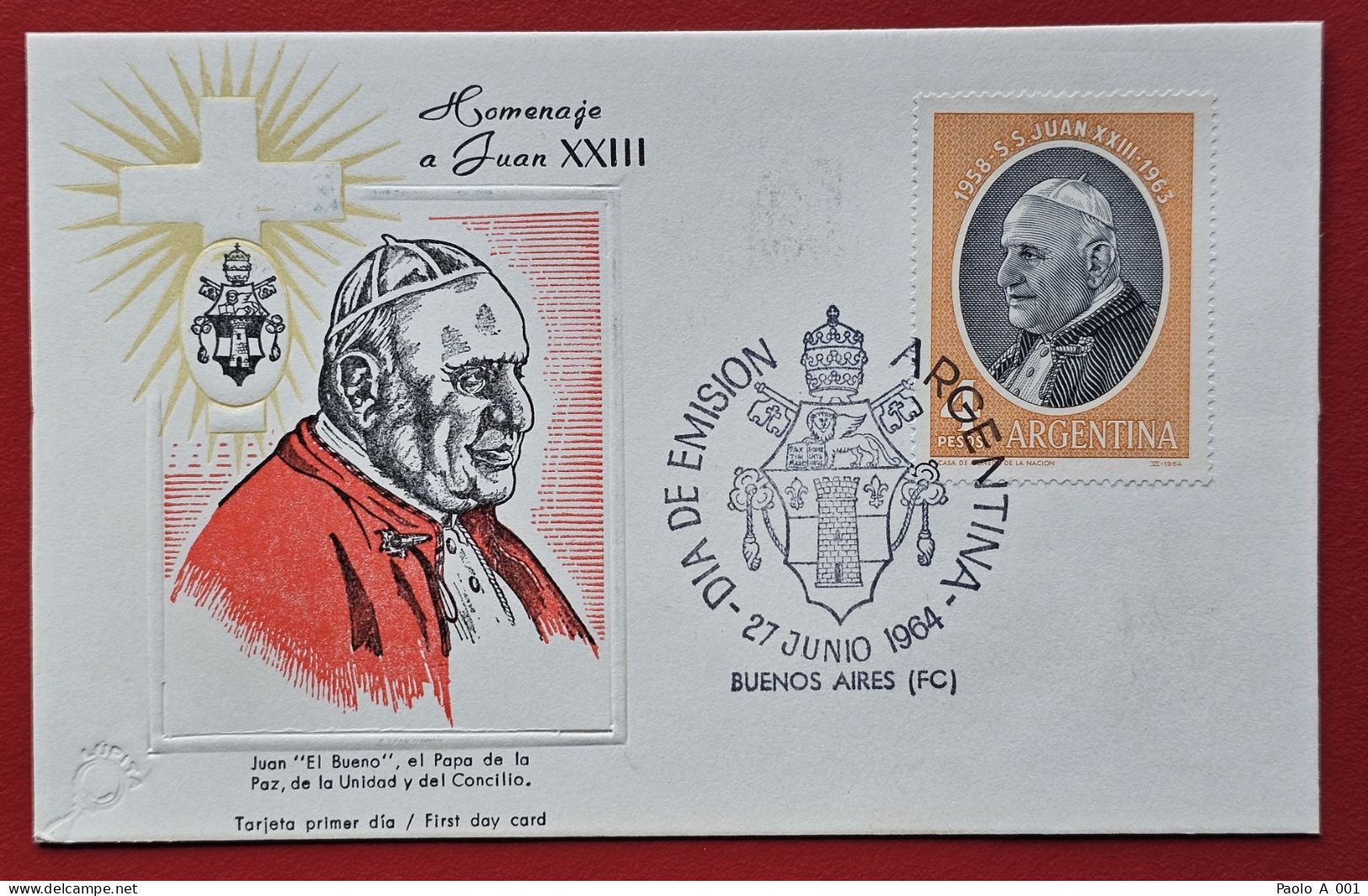 ARGENTINA 1964 HOMENAJE PAPA JUAN XXII POPE JOHN XXII BUENOS AIRES TARJETA DIA DE EMISION - Briefe U. Dokumente