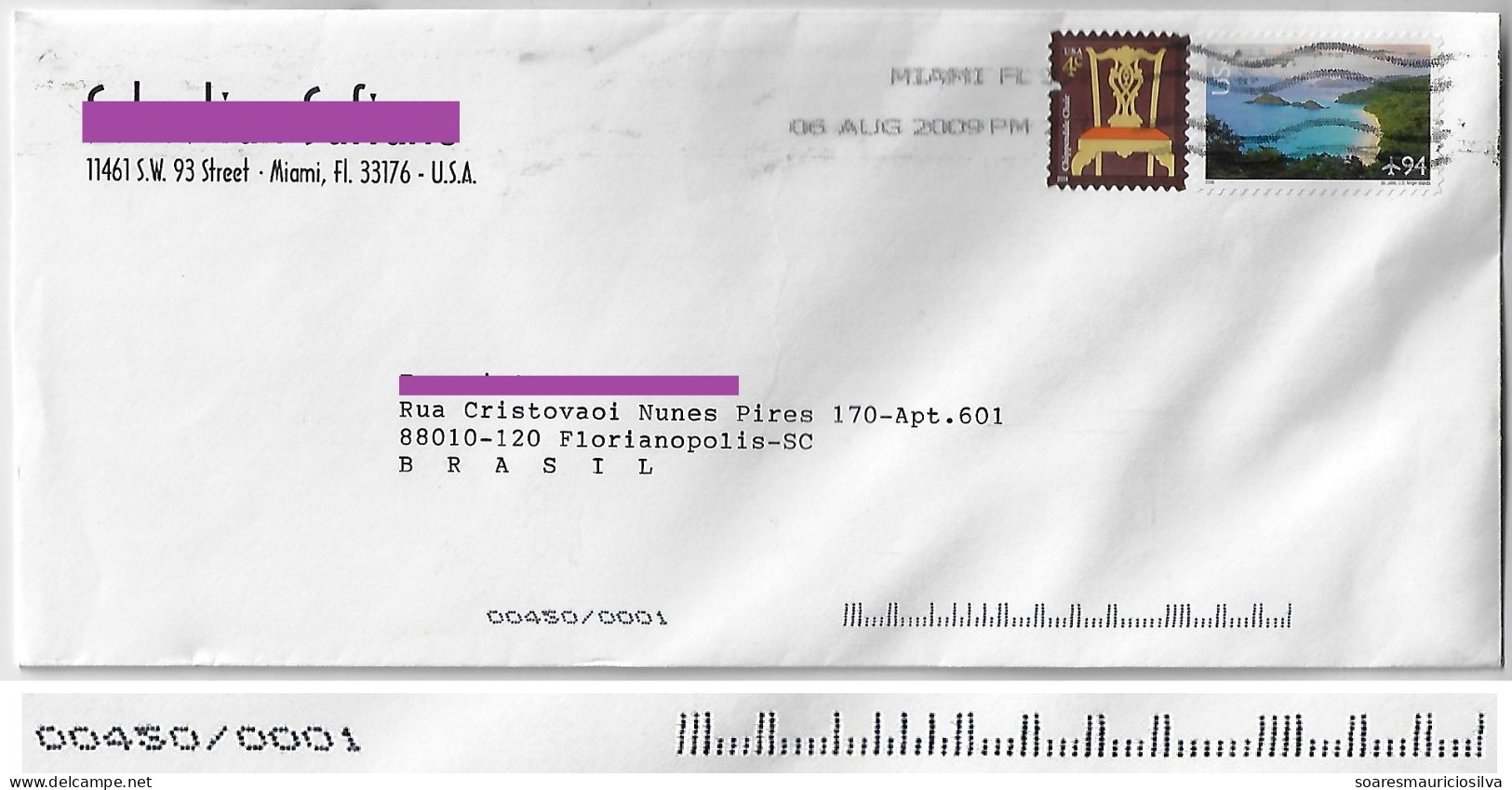 USA 2009 Cover From Miami To Florianópolis Brazil Stamp Chair 4 Cents American Virgin Island 94 Cents Electronic Sorting - Briefe U. Dokumente