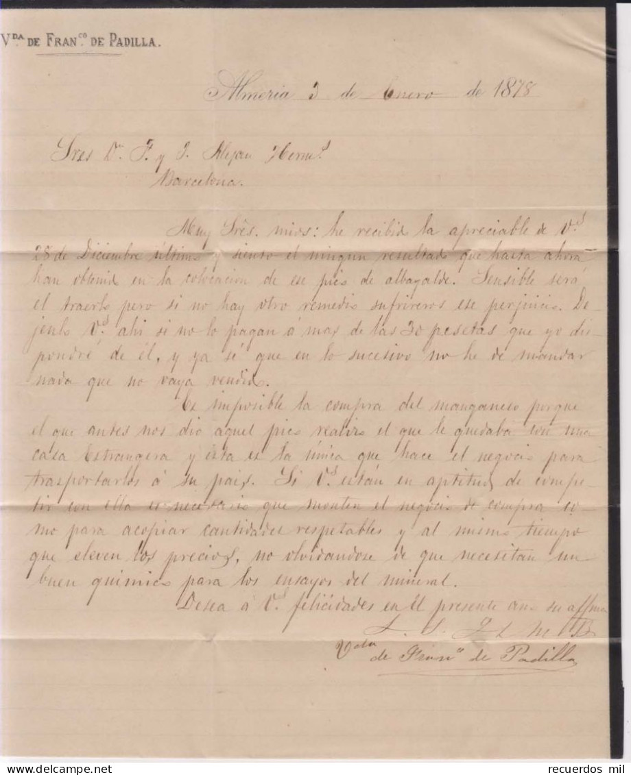 Año 1876 Edifil 175-183 Carta    Matasellos Almeria Viuda De F. De Padilla - Storia Postale