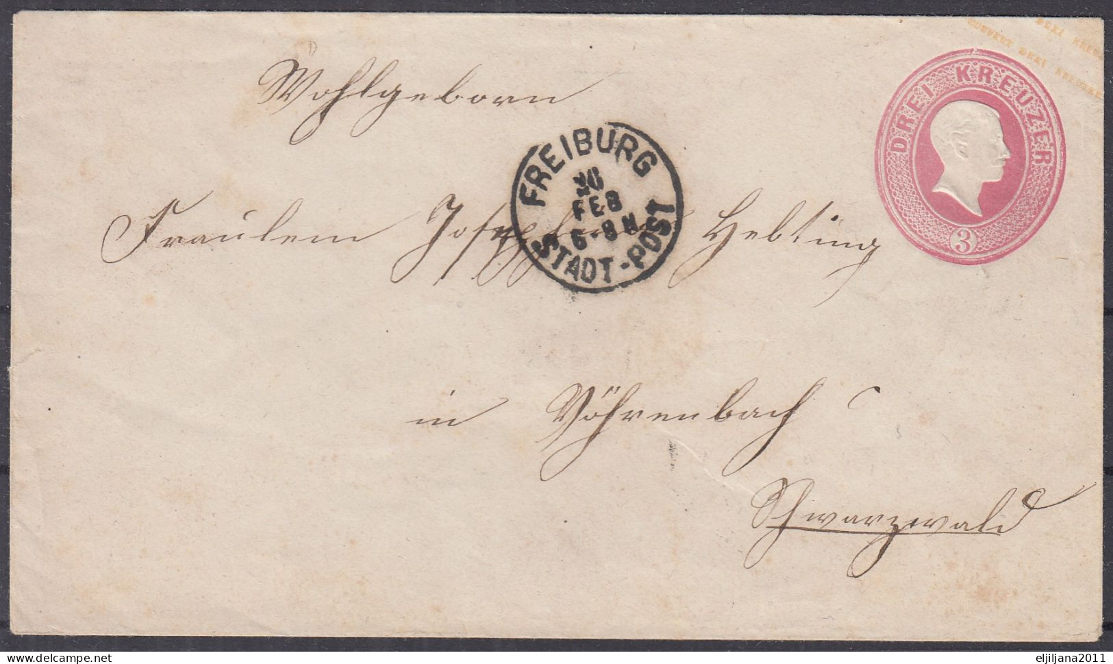 ⁕ German BADEN 1868 ⁕ FREIBURG 3 Kreuzer ⁕ Old Stationery Cover - Postal  Stationery