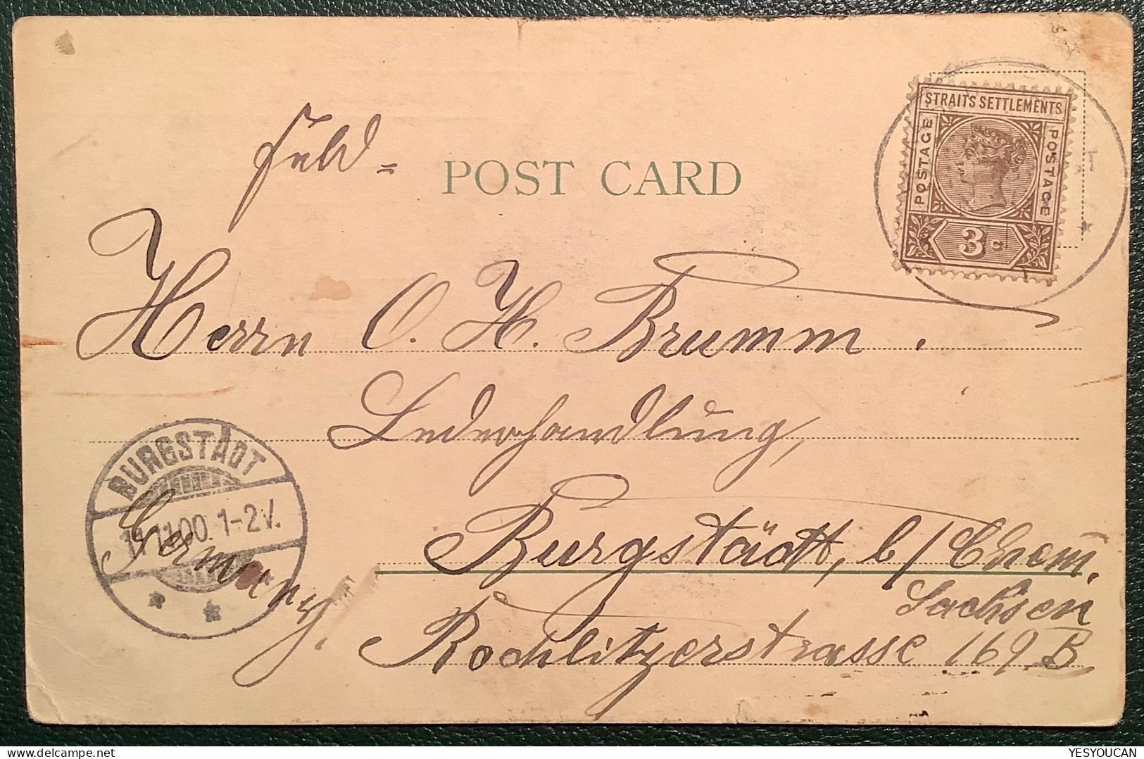 Straits Settlements 1900 KAISERLICHE MARINE SCHIFFPOST Nr.67 Queen Victoria3c Ppc Shanghai China (Feldpost Boxer War - Straits Settlements